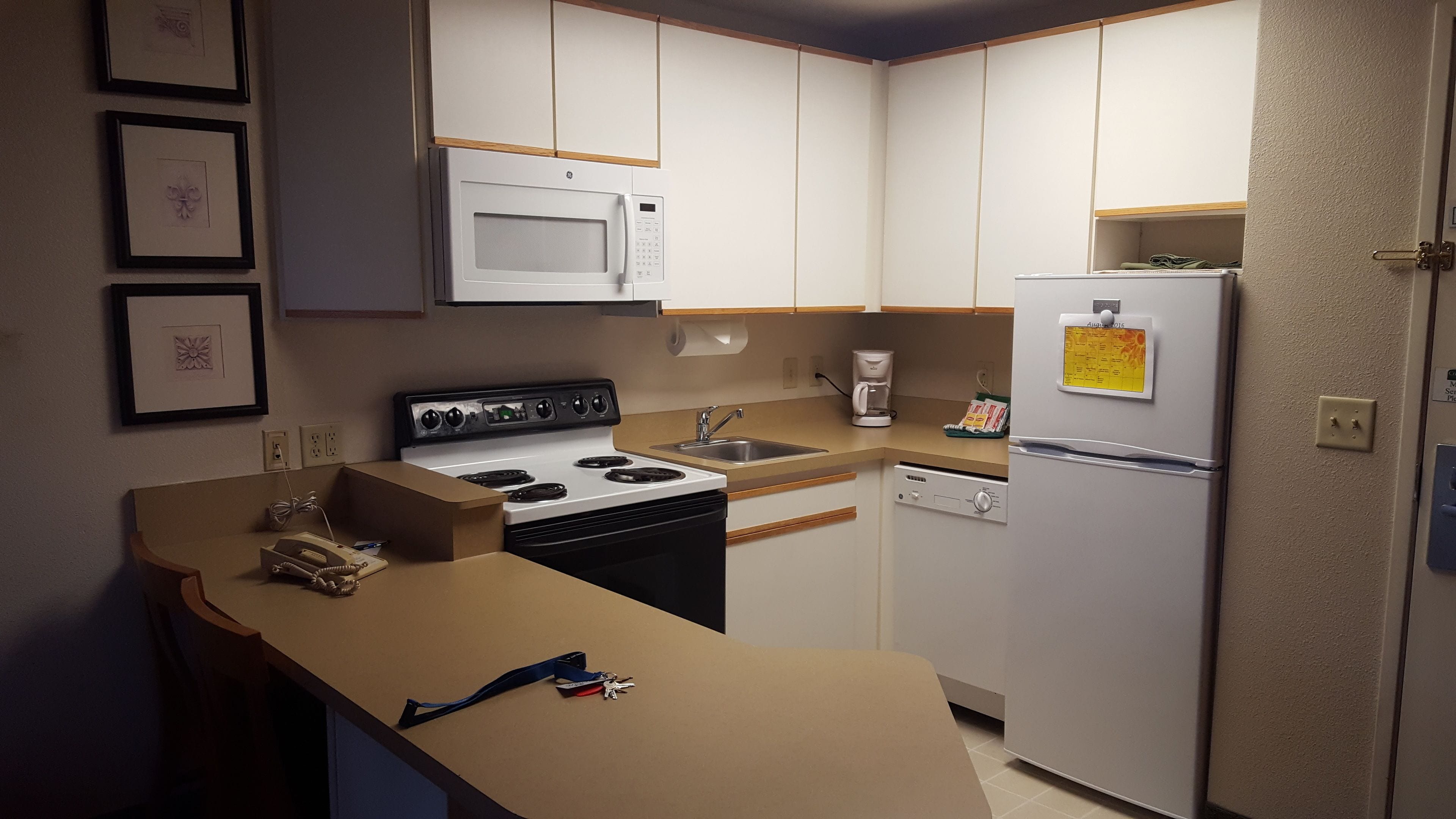 fridge, microwave, cookware/dishes/utensils