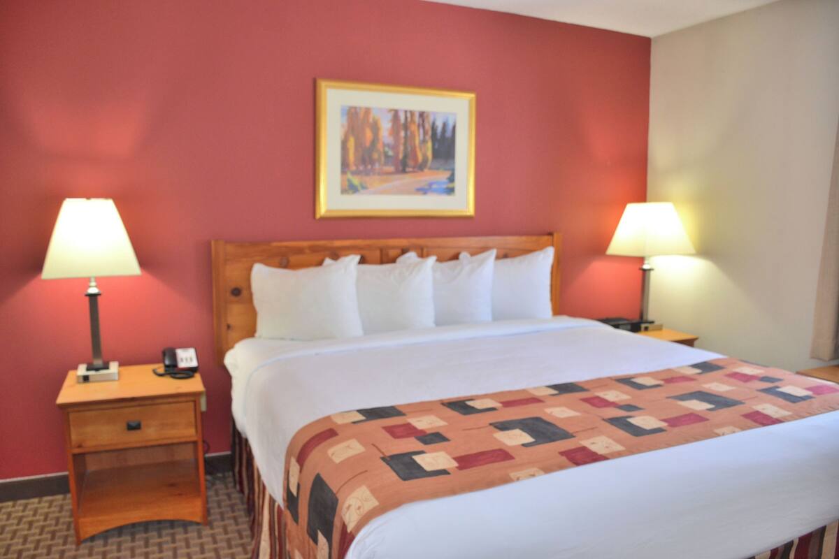 A hotel room with a bed, two bedside lamps, a nightstand, a framed picture on the wall, and a patterned bedspread.
