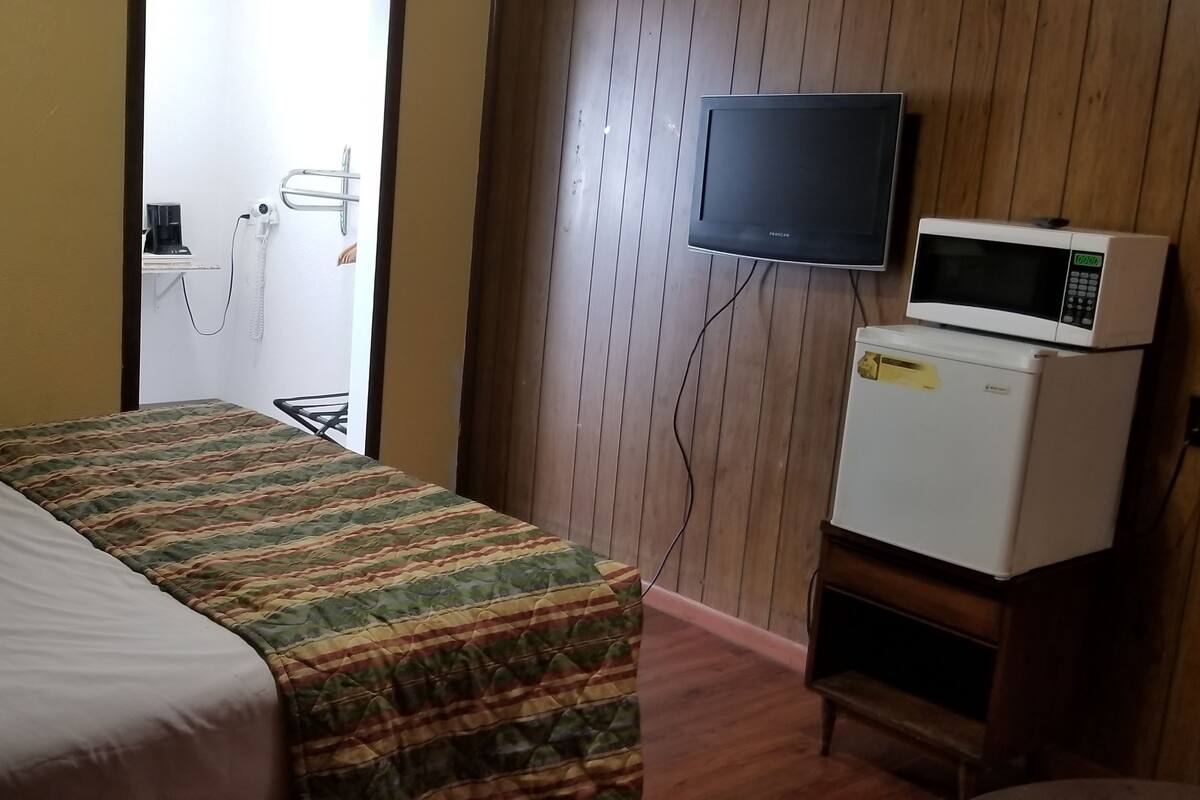 A hotel room with a bed, a television, and a microwave.