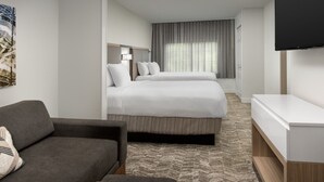 Habitación de hotel con dos camas, un sofá, un televisor y un cuadro en la pared.