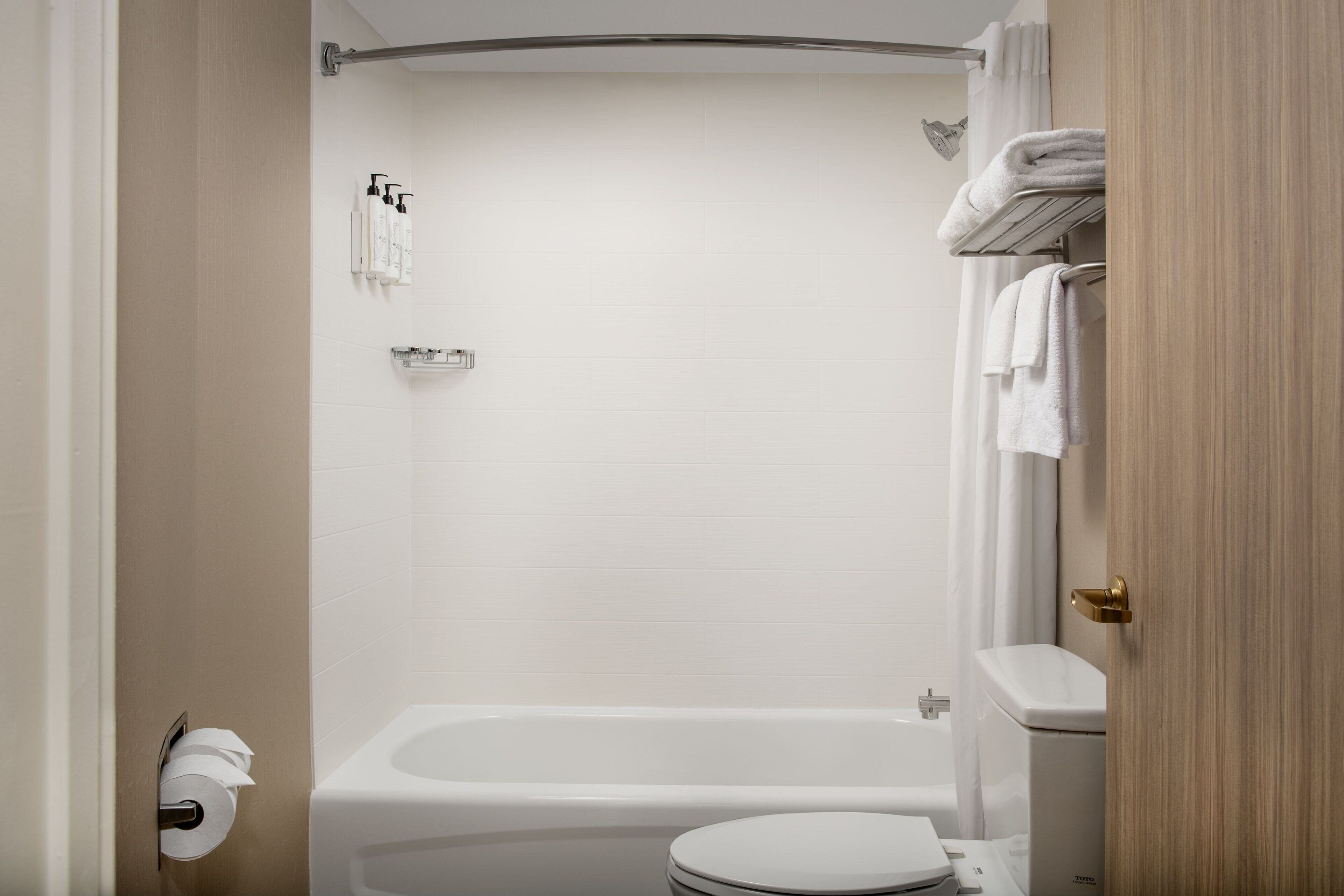 combined shower/bathtub, free toiletries, hair dryer, towels