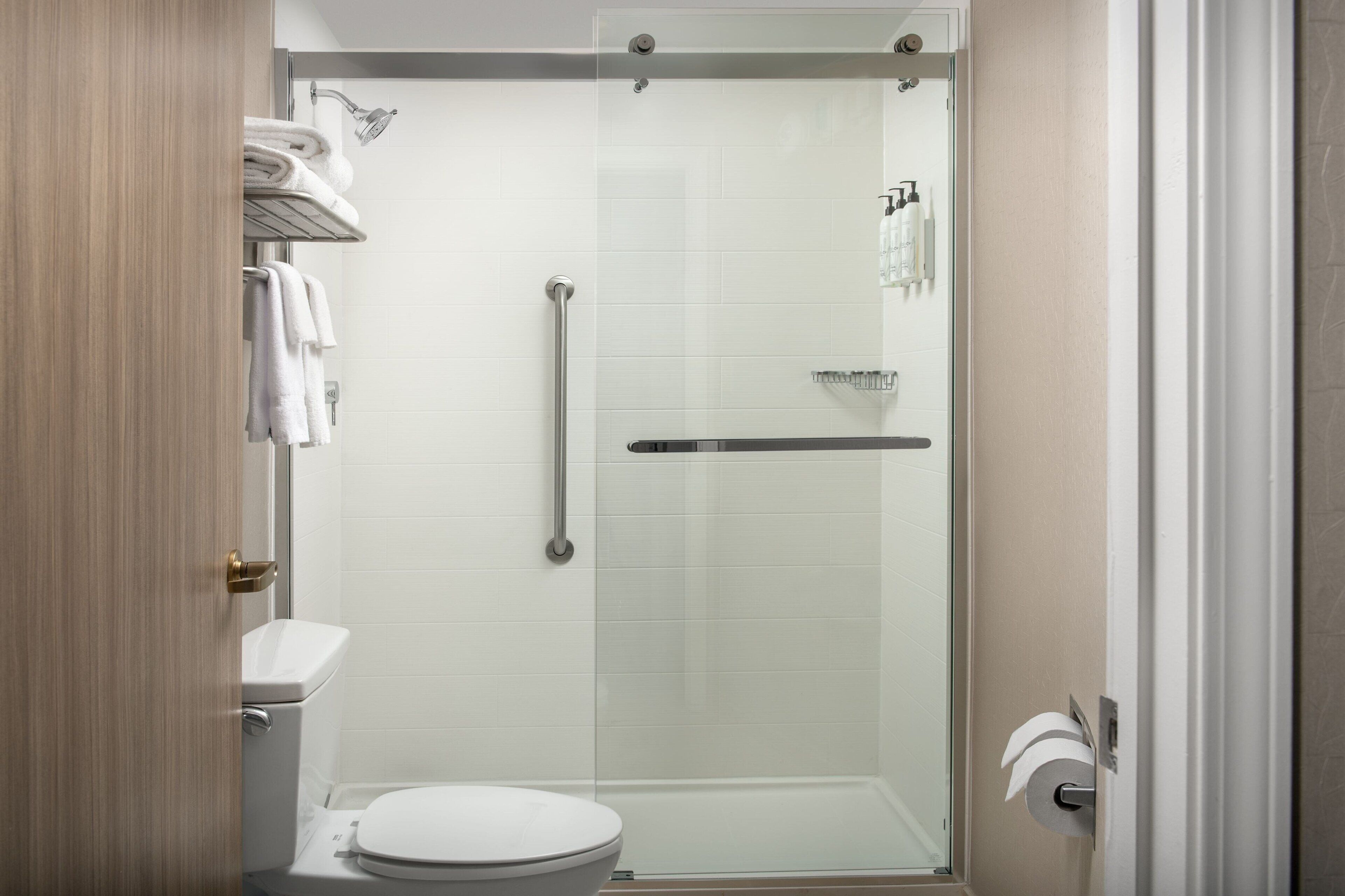 combined shower/bathtub, free toiletries, hair dryer, towels