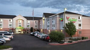 A hotel with a parking lot, a flag, and a sign for 'McNuggets Elegant Suites'. - MCM Elegante Suites (Colorado Springs)