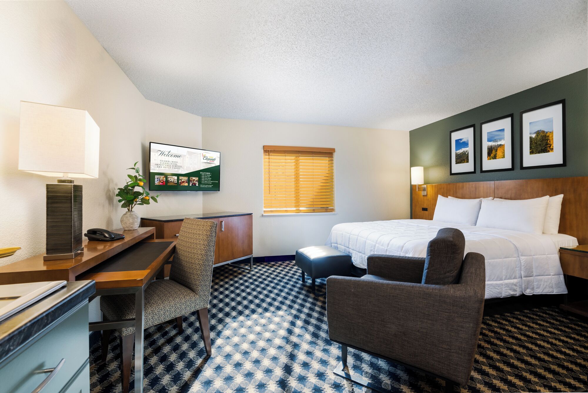 Pillow-top beds, desk, laptop workspace, blackout curtains