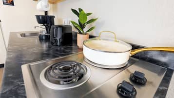 Full-size fridge, microwave, stovetop, dishwasher