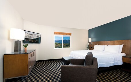 A hotel room with a bed, a desk, a chair, a TV on the wall, and a window with a mountain view.