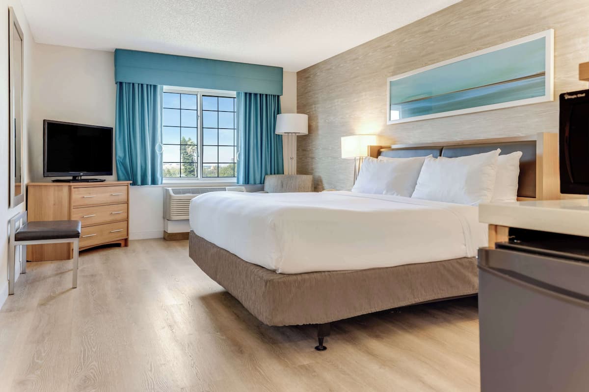 A hotel room with a large bed, a desk with a TV, a window with curtains, and a painting on the wall.