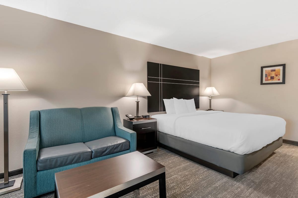 A hotel room with a bed, a sofa, a nightstand, two lamps, and a framed picture on the wall.