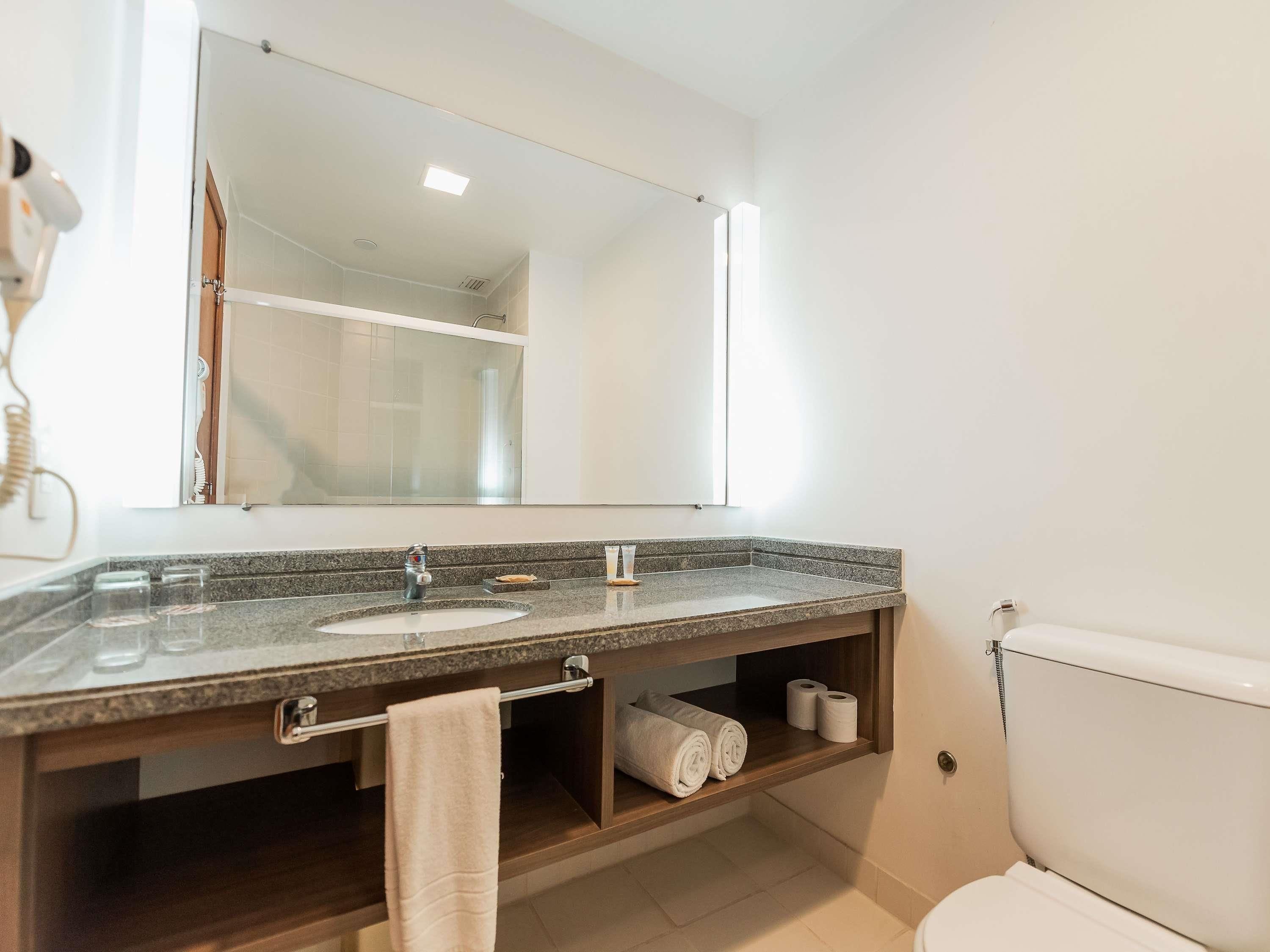 Un baño con un espejo grande, dos lavamanos, un perchero para toallas y un inodoro.
