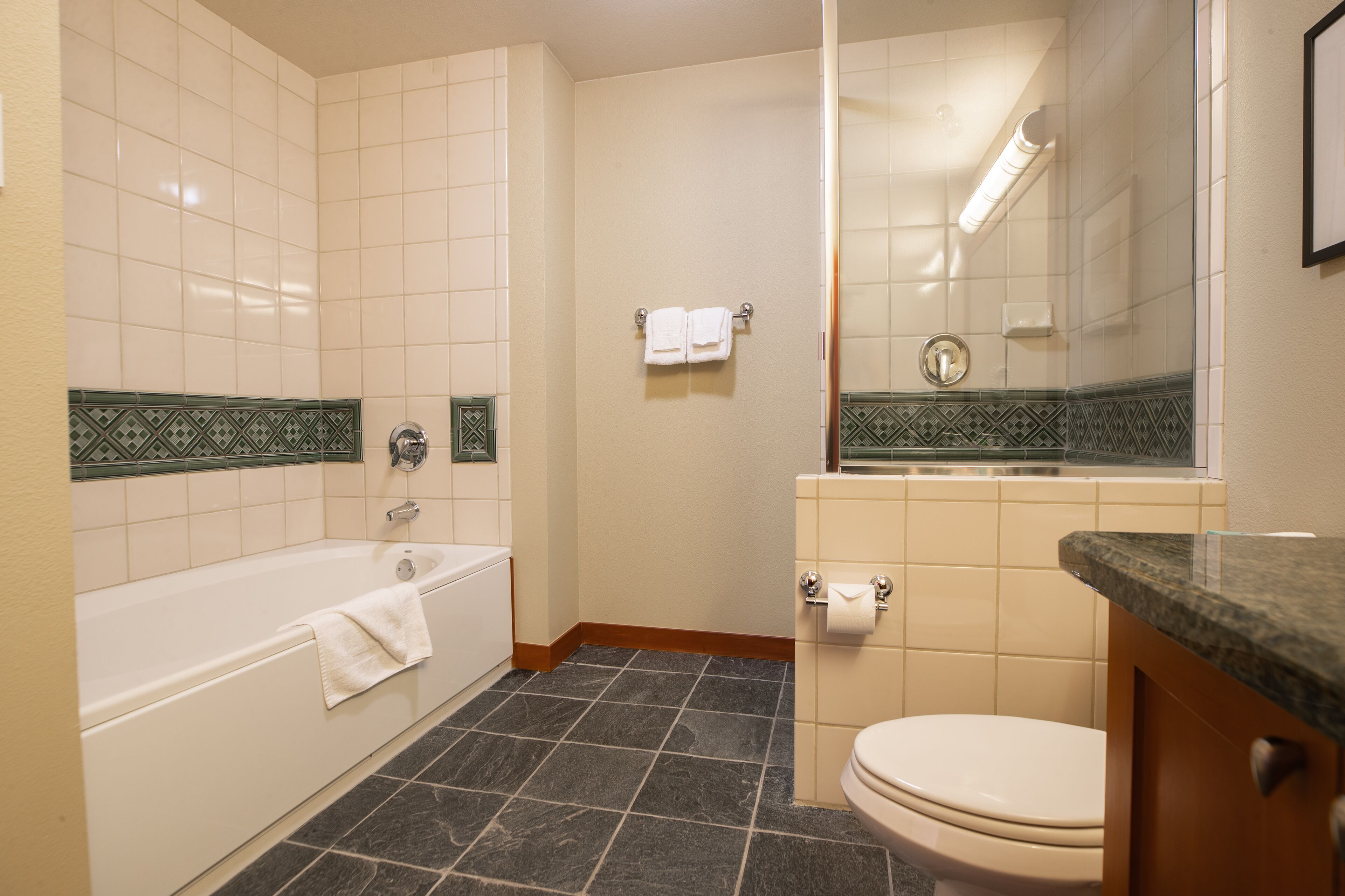A bathroom with a bathtub, toilet, and a mirror.