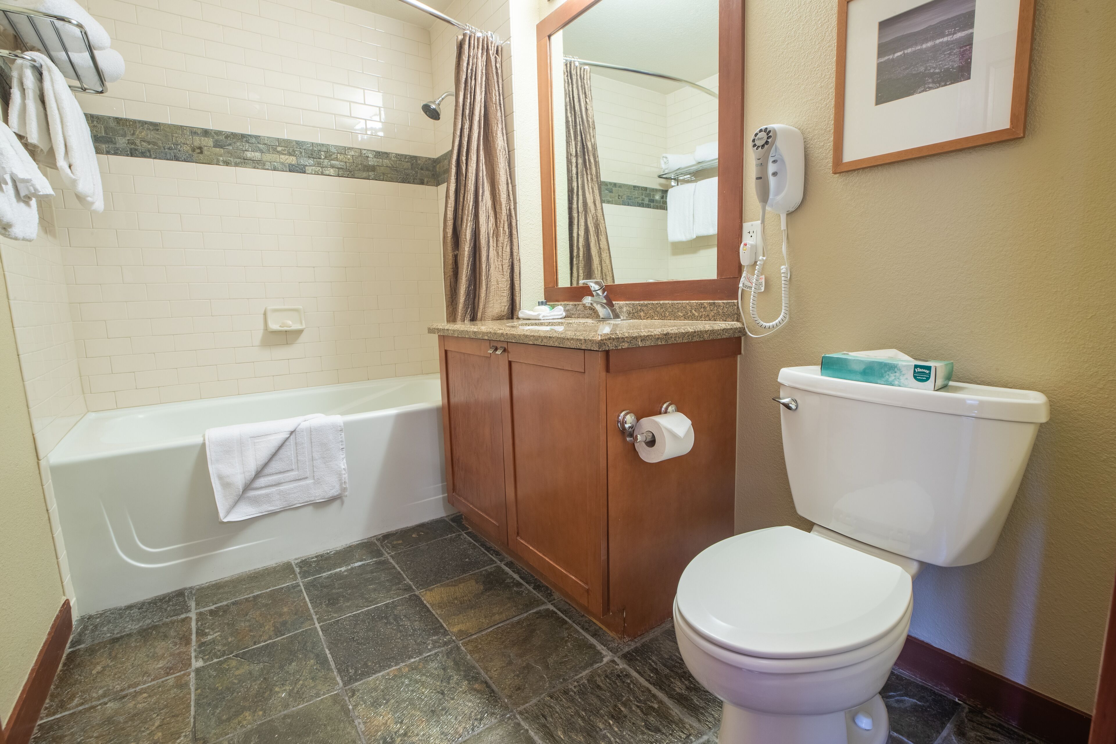 A bathroom with a bathtub, toilet, vanity with a mirror, and a shower.