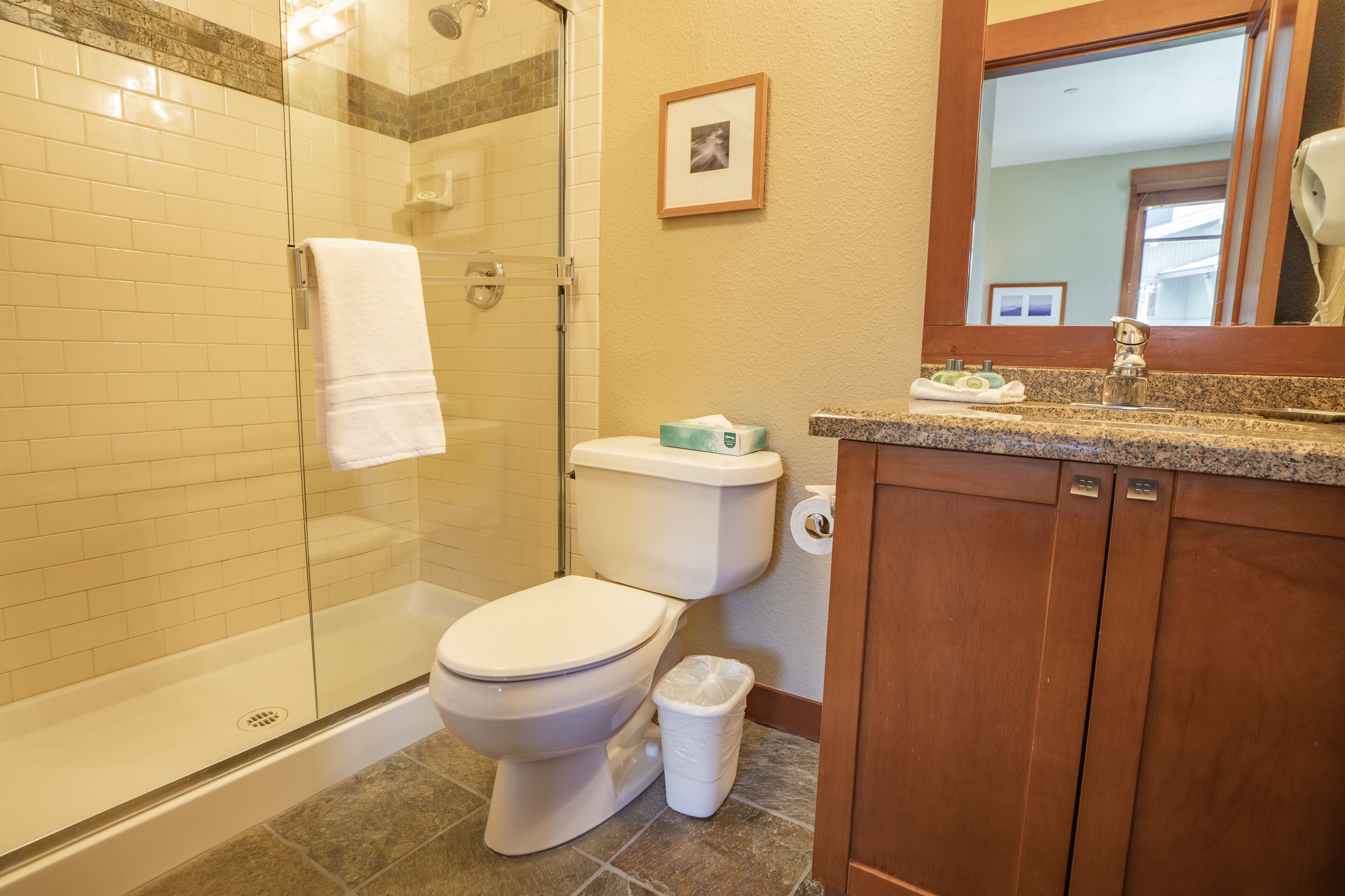 A bathroom with a glass-enclosed shower, a toilet, and a wooden vanity with a mirror.