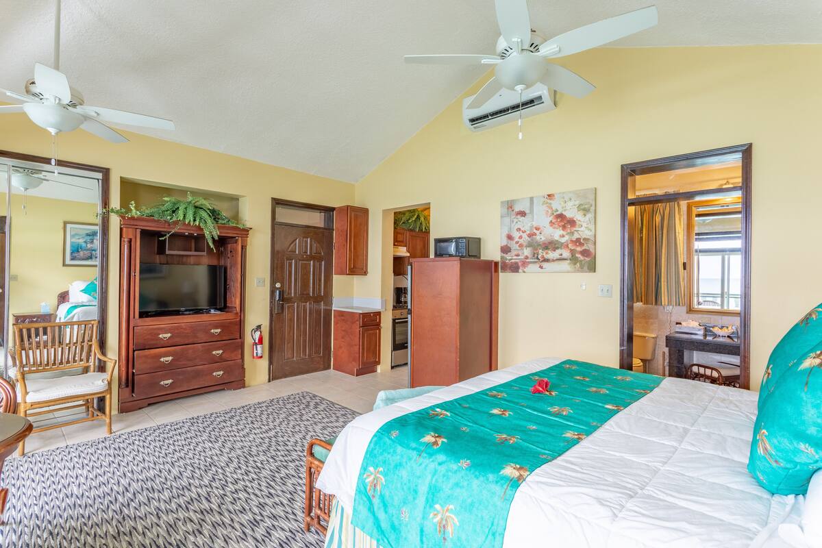 Quarto com cama, cómoda de madeira, televisão, ventoinha no teto e área de cozinha visível através de uma porta aberta.