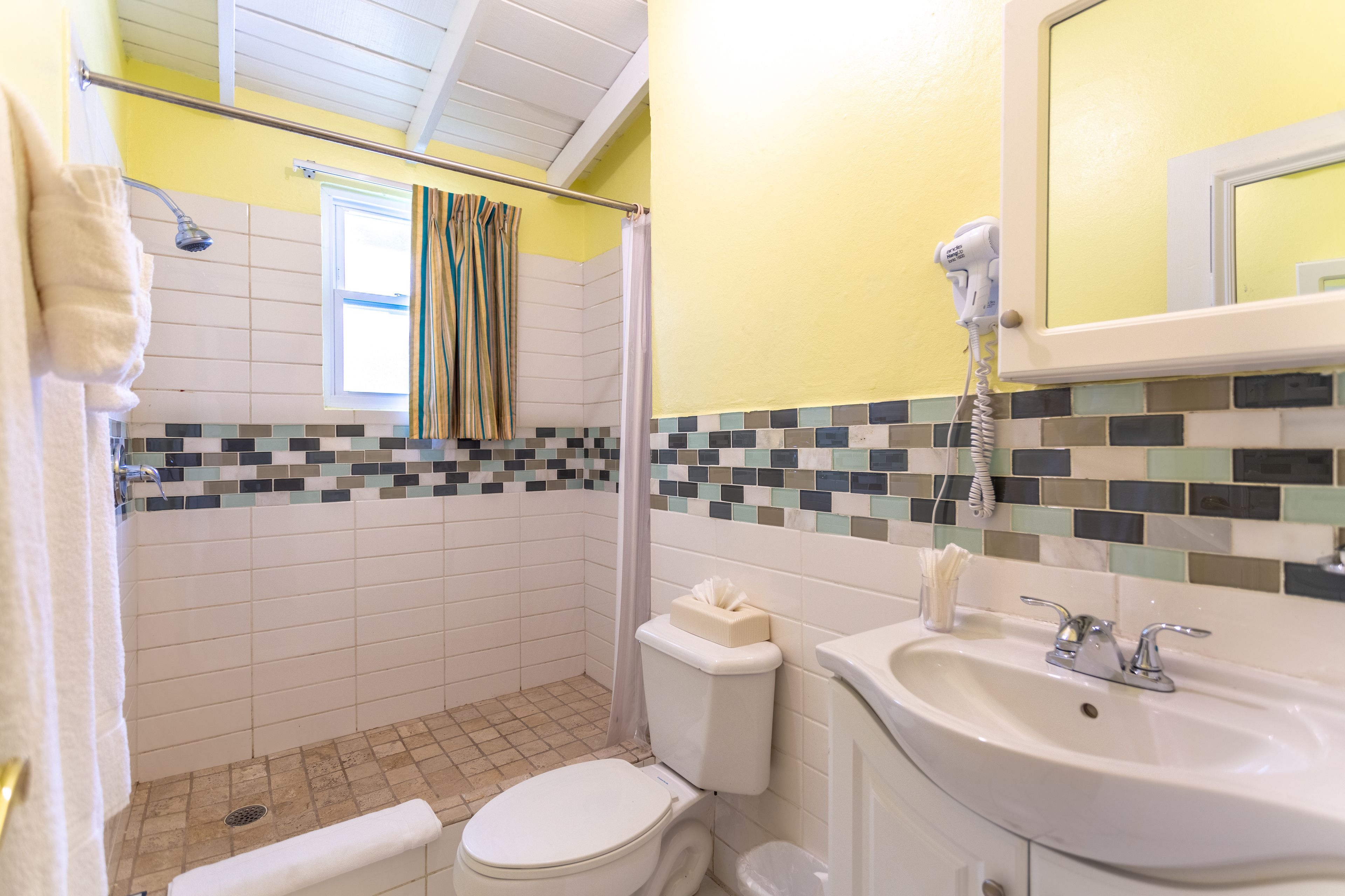 Un baño con ducha, inodoro, lavamanos y espejo.