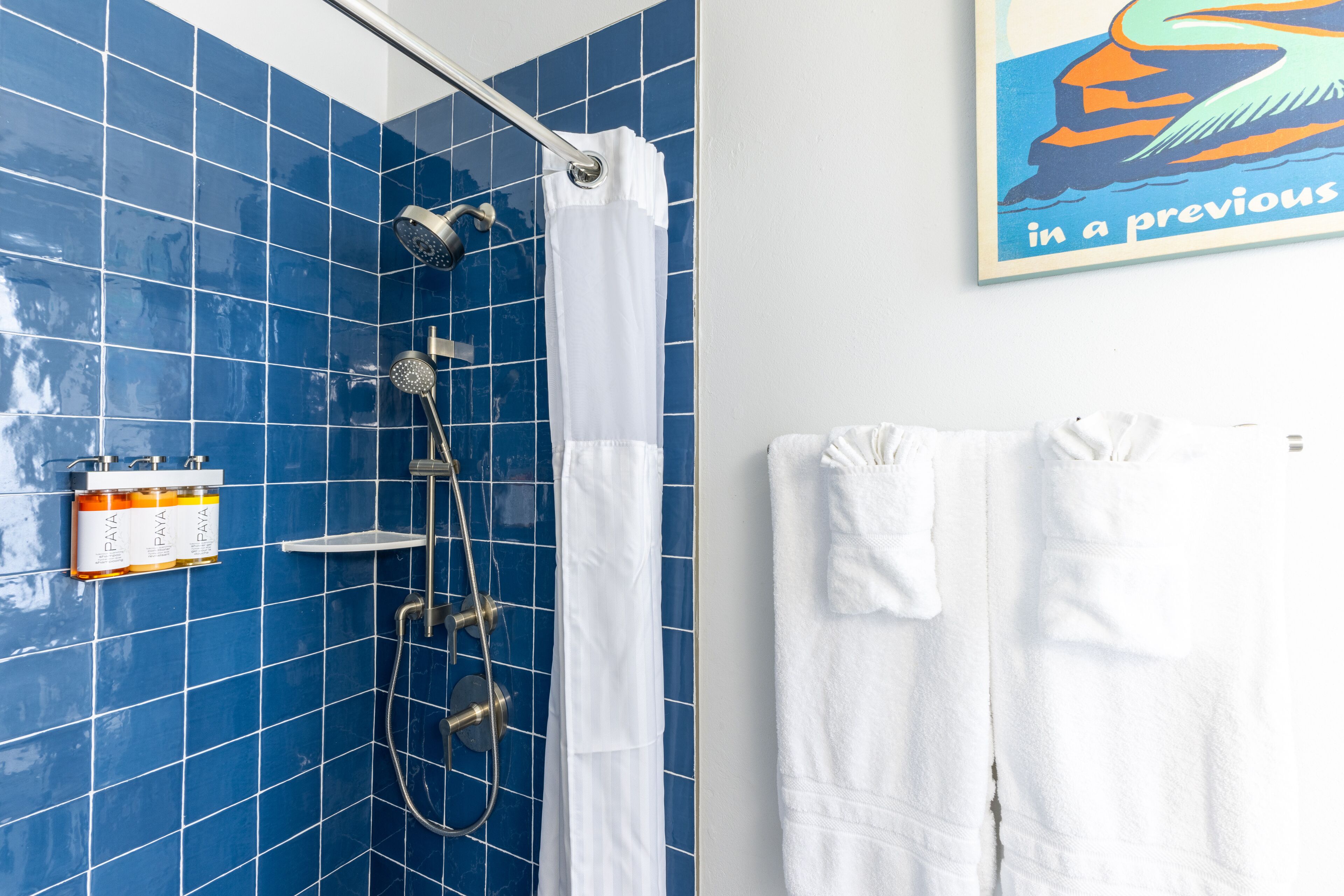 Een badkamer met blauwe tegels, een douche, een handdoekrek en een ingelijst schilderij aan de muur.
