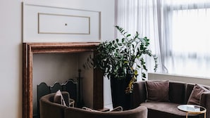 Un salon moderne avec une cheminée, une grande plante en pot, un canapé marron et une petite table ronde.