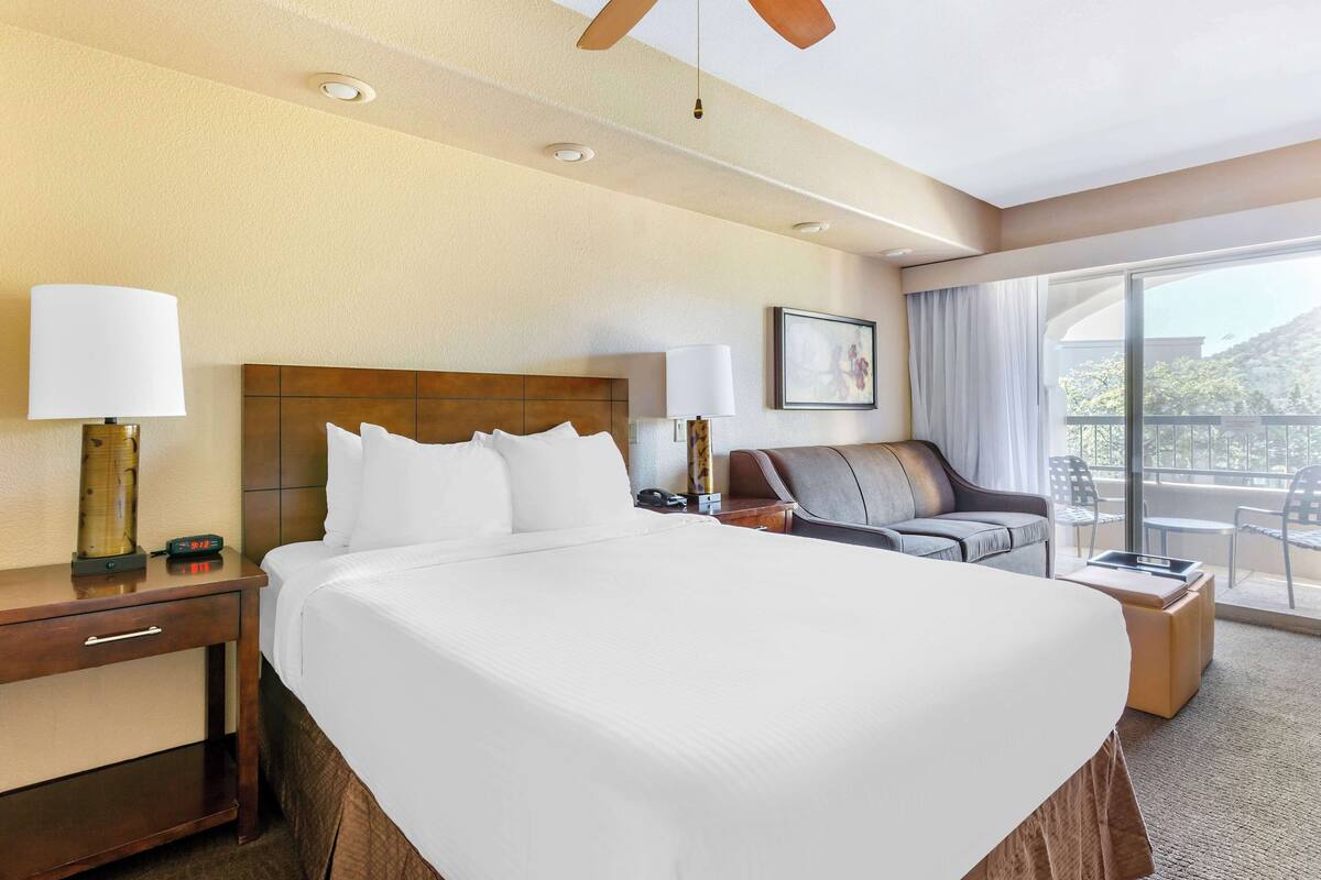 A hotel room with a large bed, a desk with a lamp, a chair, and a view of the outdoors.