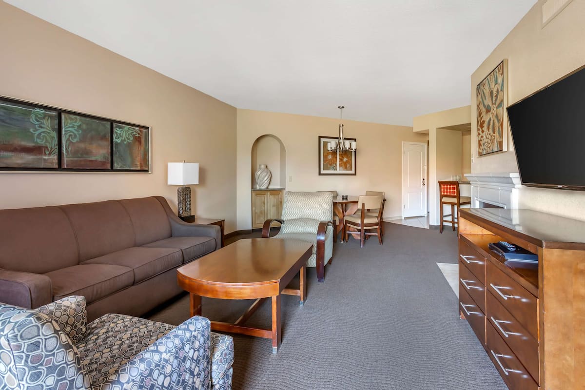 A hotel room with a brown sofa, patterned armchair, wooden coffee table, and a TV on a stand.