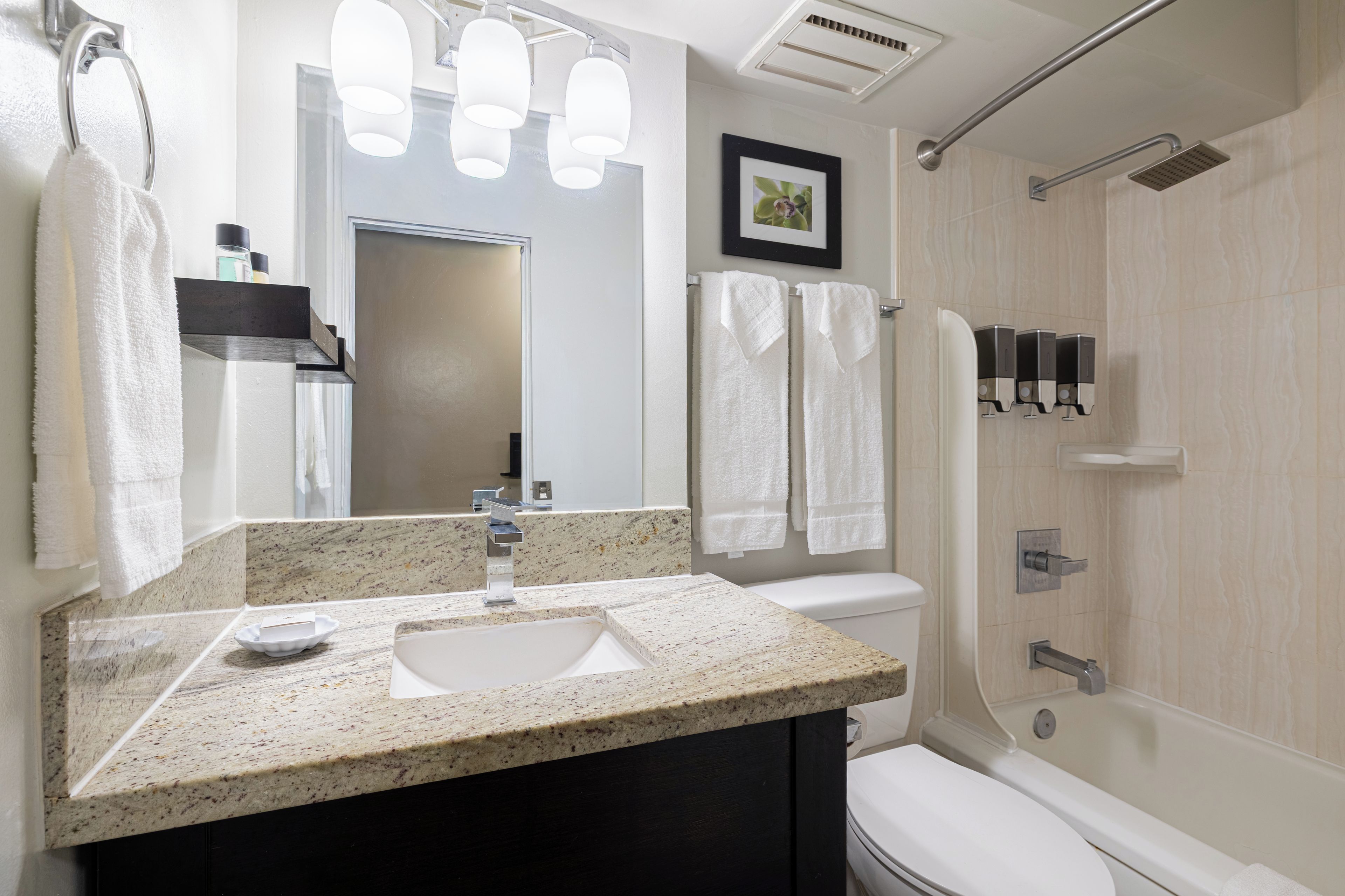 A bathroom with a granite countertop sink, a mirror, a toilet, a shower, and a towel rack.