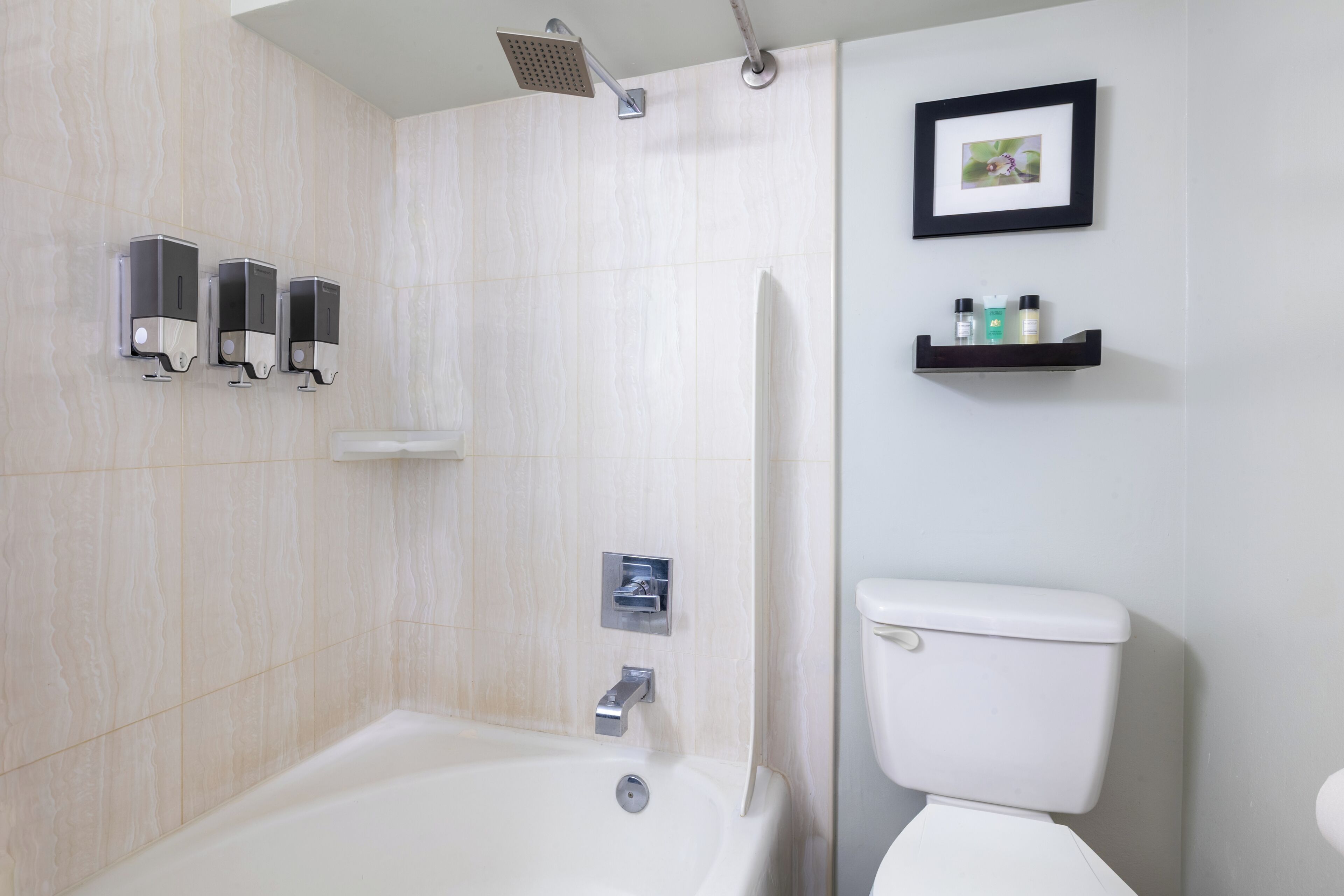 A modern bathroom with a bathtub, toilet, and shower.