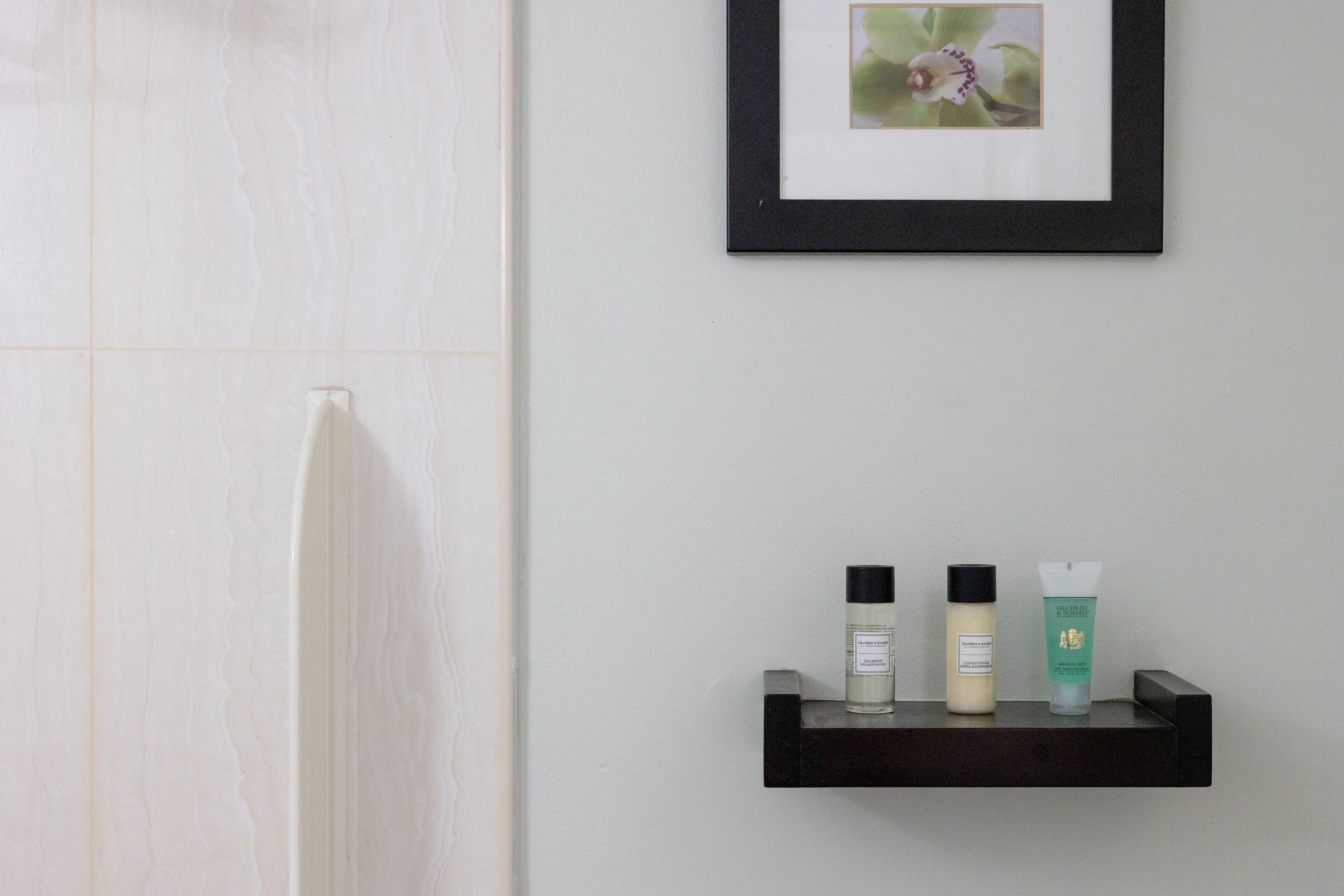 A bathroom with a shower, a framed picture on the wall, and a shelf with three toiletry bottles.