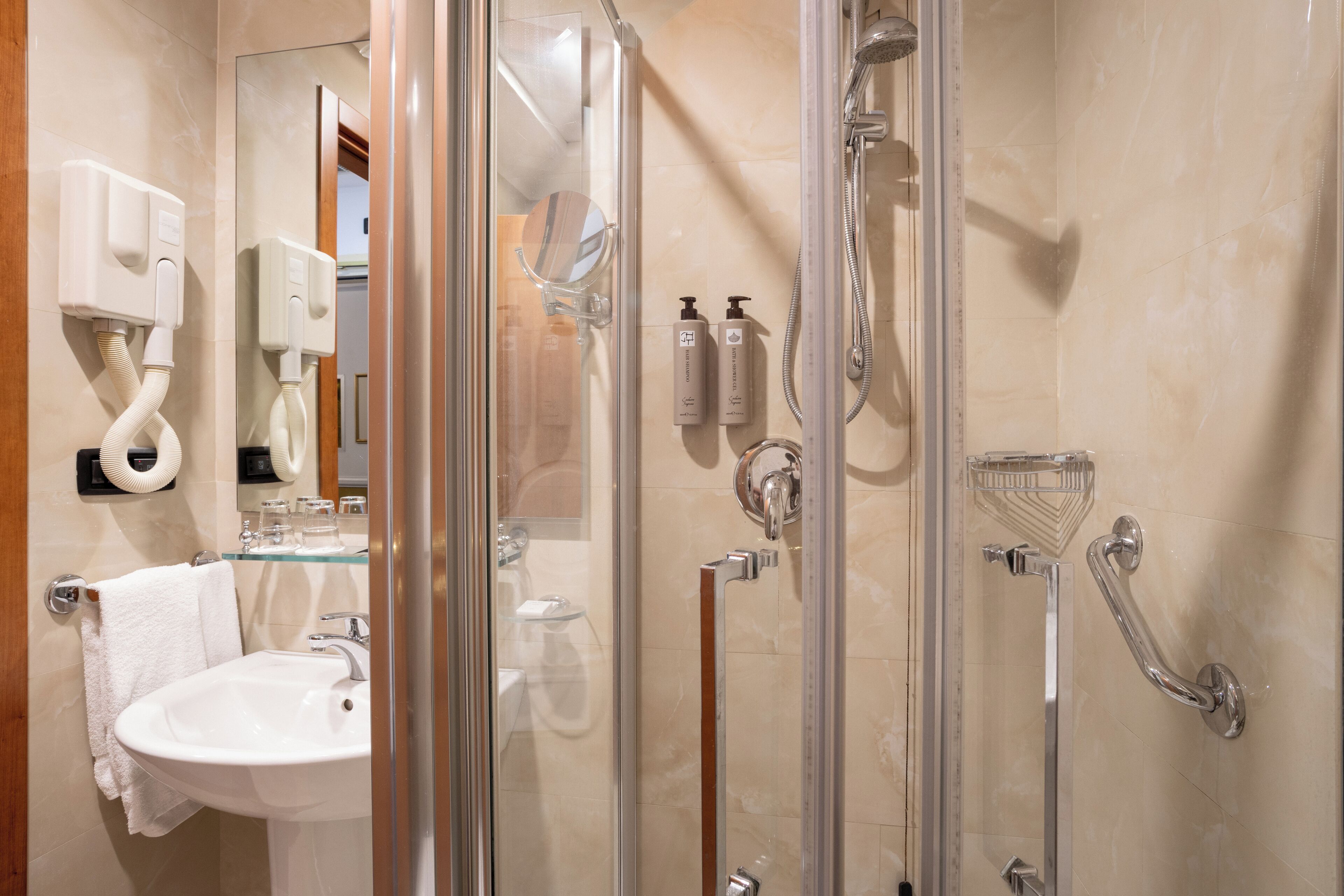 free toiletries, hair dryer, bidet, towels