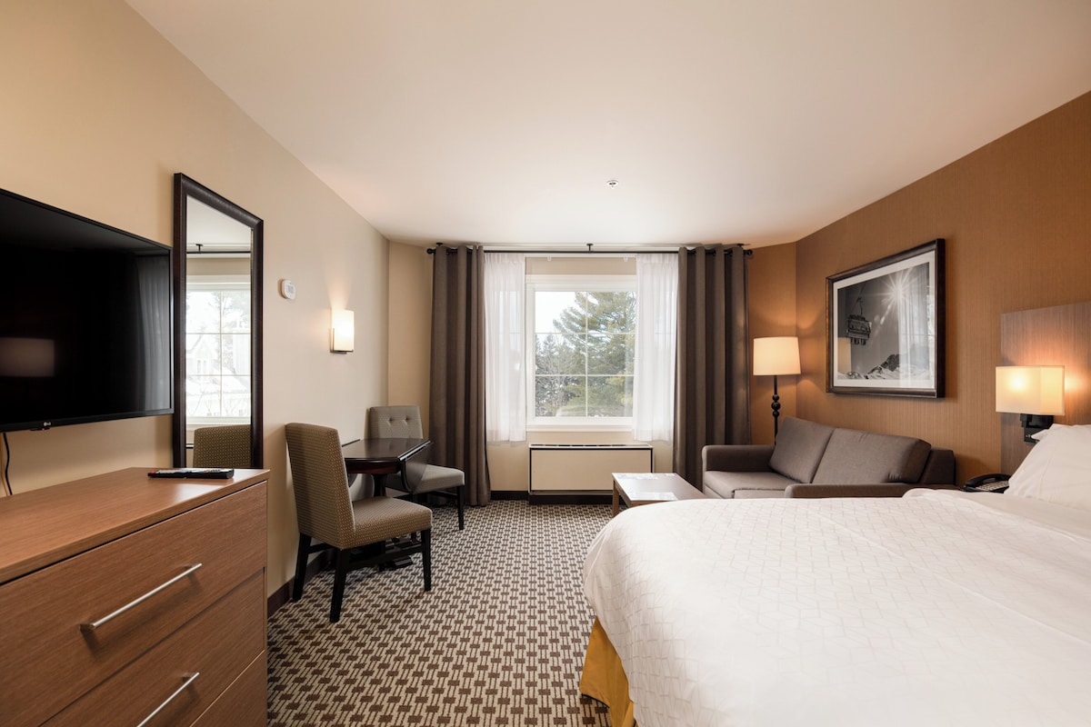 Une chambre d’hôtel équipée d’un lit, d’un bureau, d’une chaise, d’une télévision et d’une fenêtre avec des rideaux.