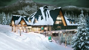 Un chalet dont le toit est recouvert de neige, avec une vue sur les montagnes en arrière-plan.