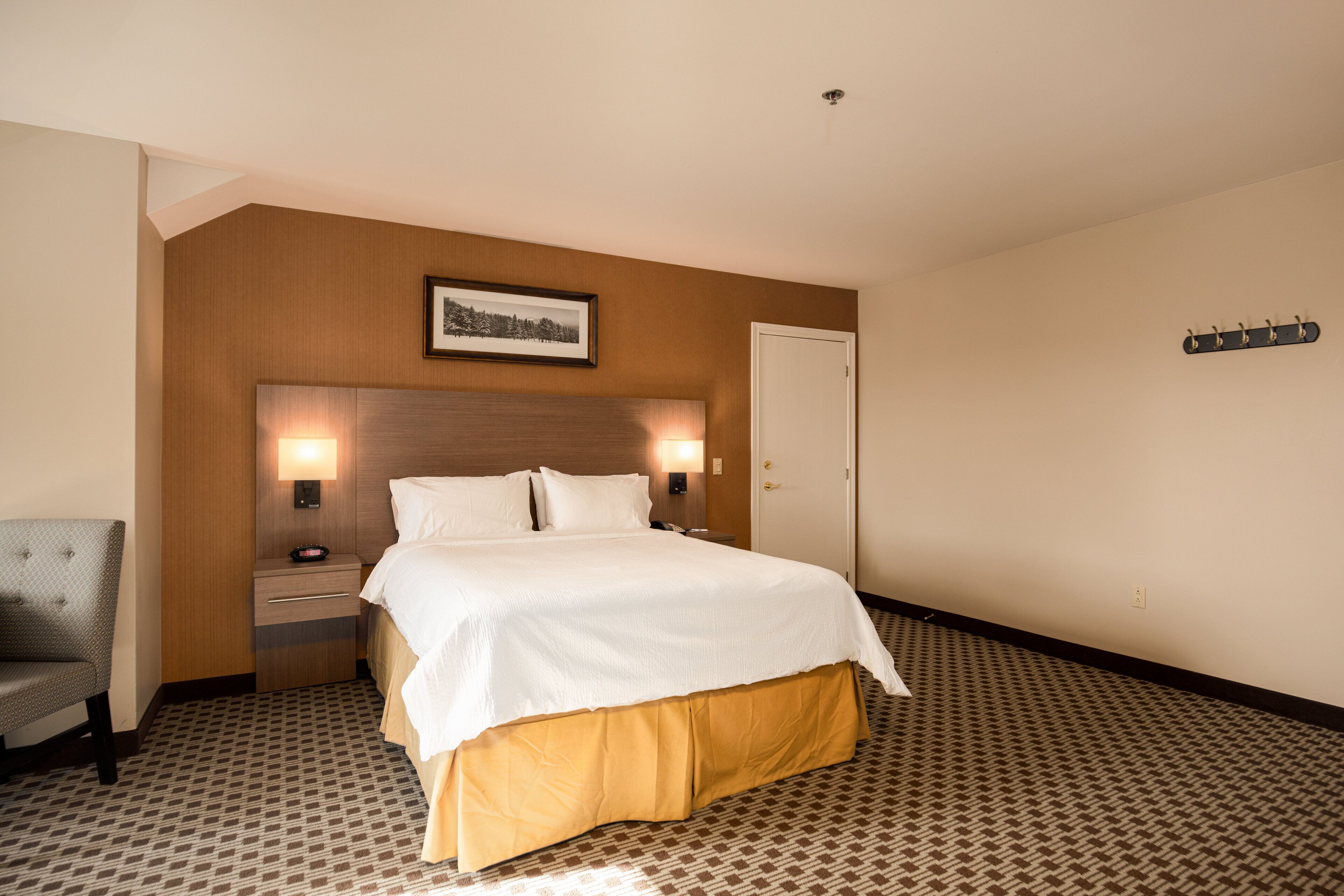Una habitación de hotel con una cama grande, una silla, una mesita de noche, una lámpara de pared y un perchero.