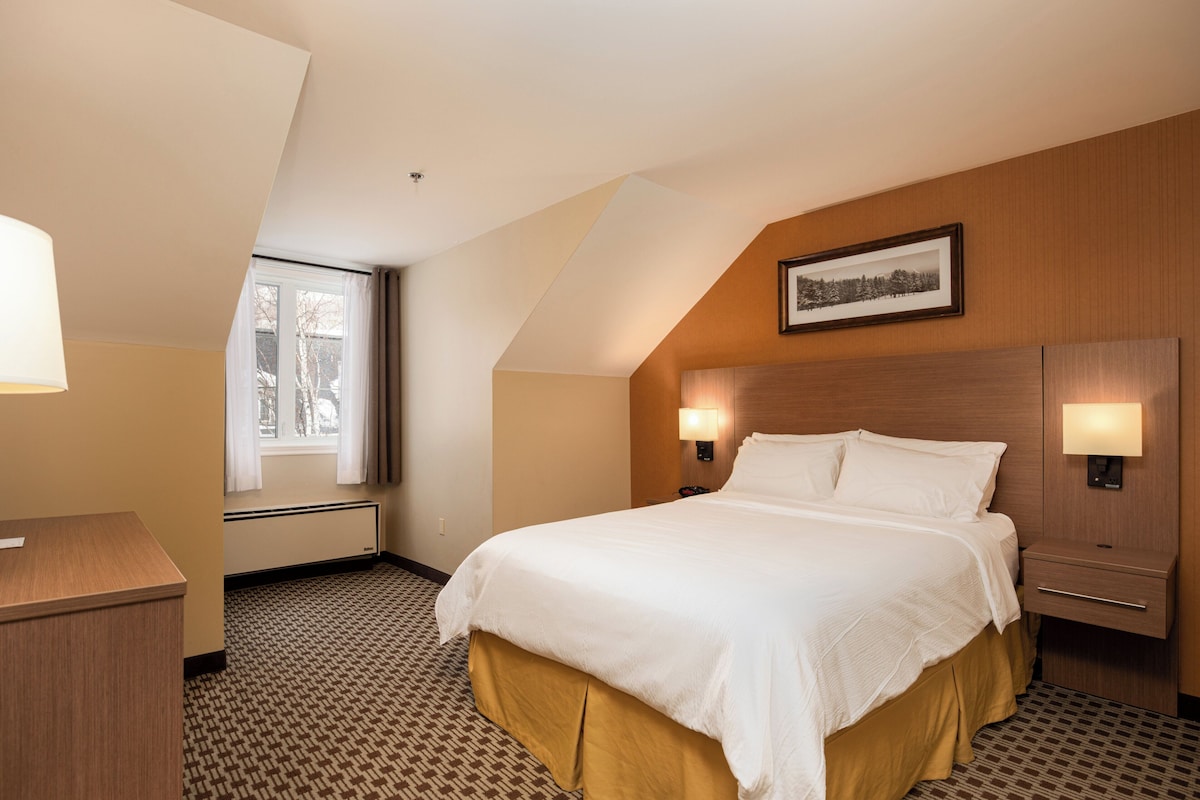 Une chambre d’hôtel avec un grand lit, un bureau, une fenêtre avec des rideaux et un tableau encadré au mur.