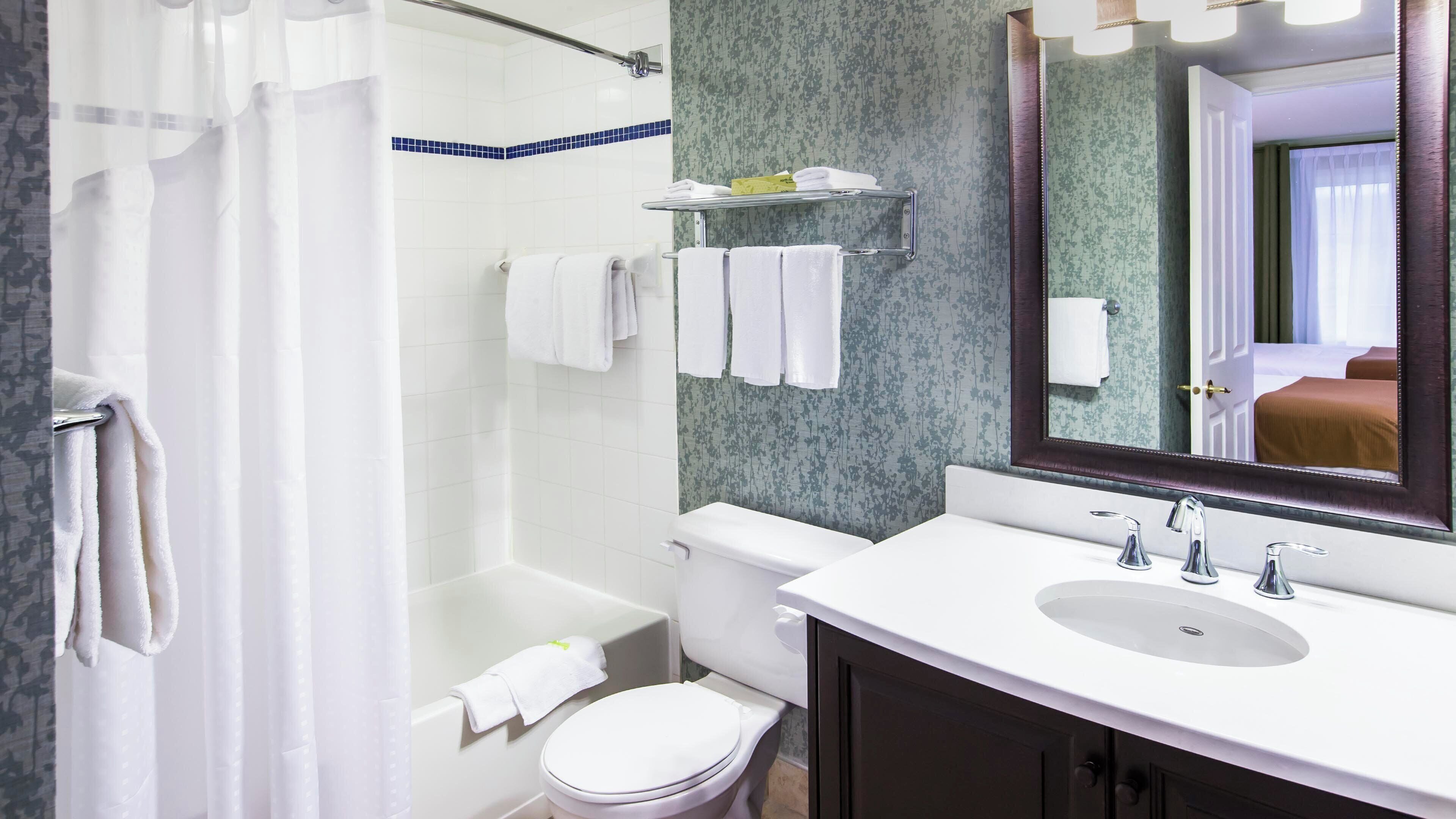 Un baño con ducha, inodoro, lavabo y un espejo que refleja un dormitorio.