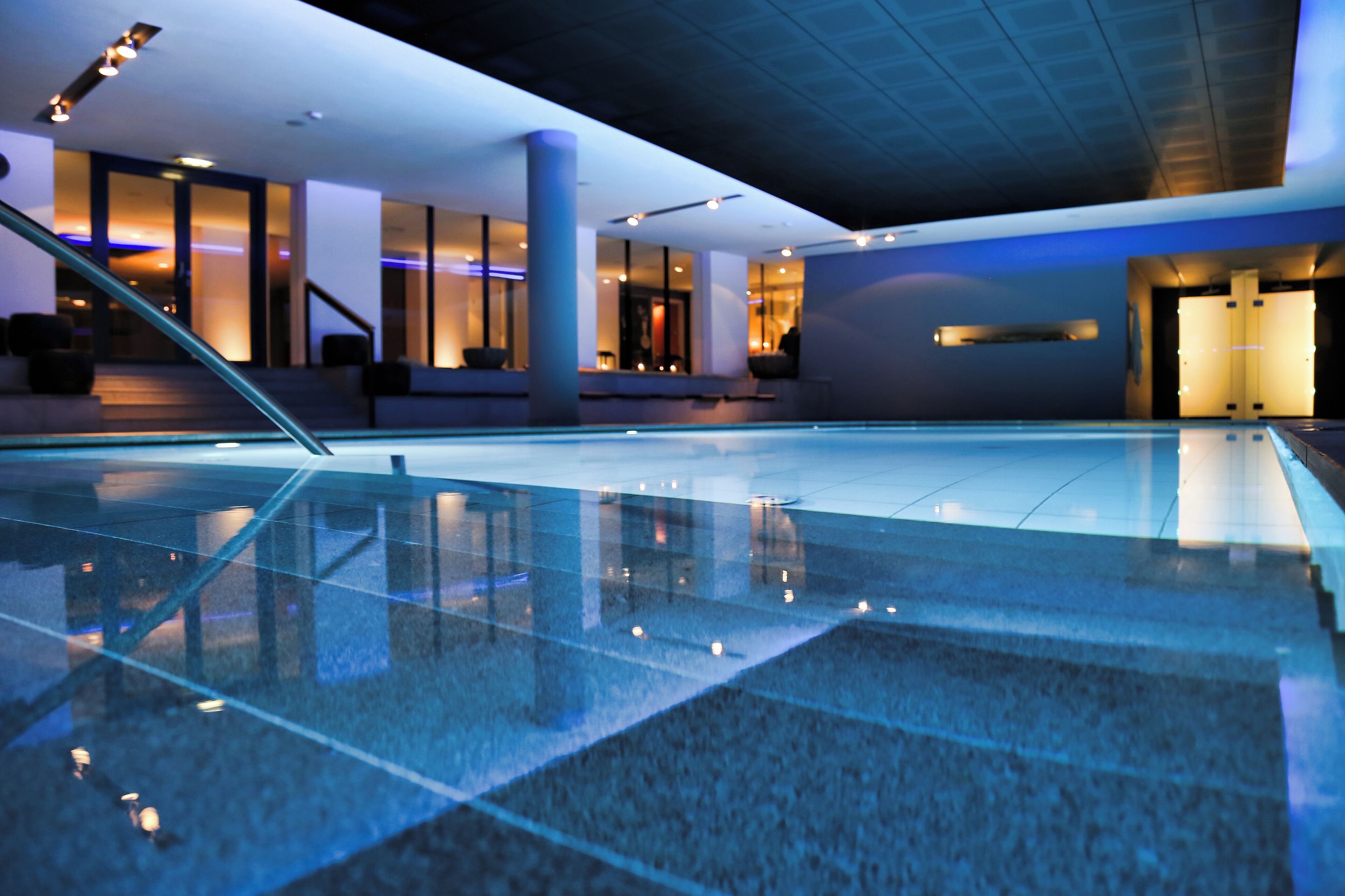 indoor pool, seasonal outdoor pool, pool loungers