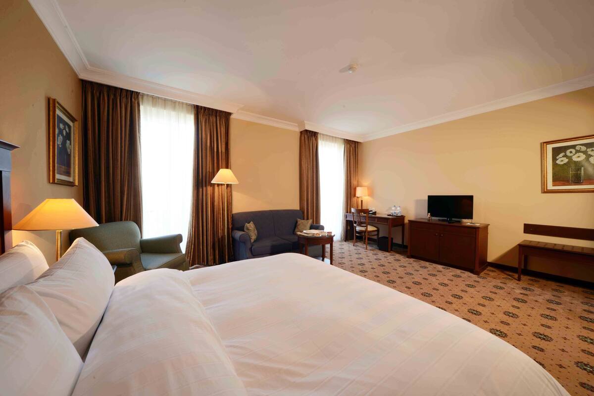 Una habitación de hotel con una cama grande, un escritorio con silla, televisión y un sofá.