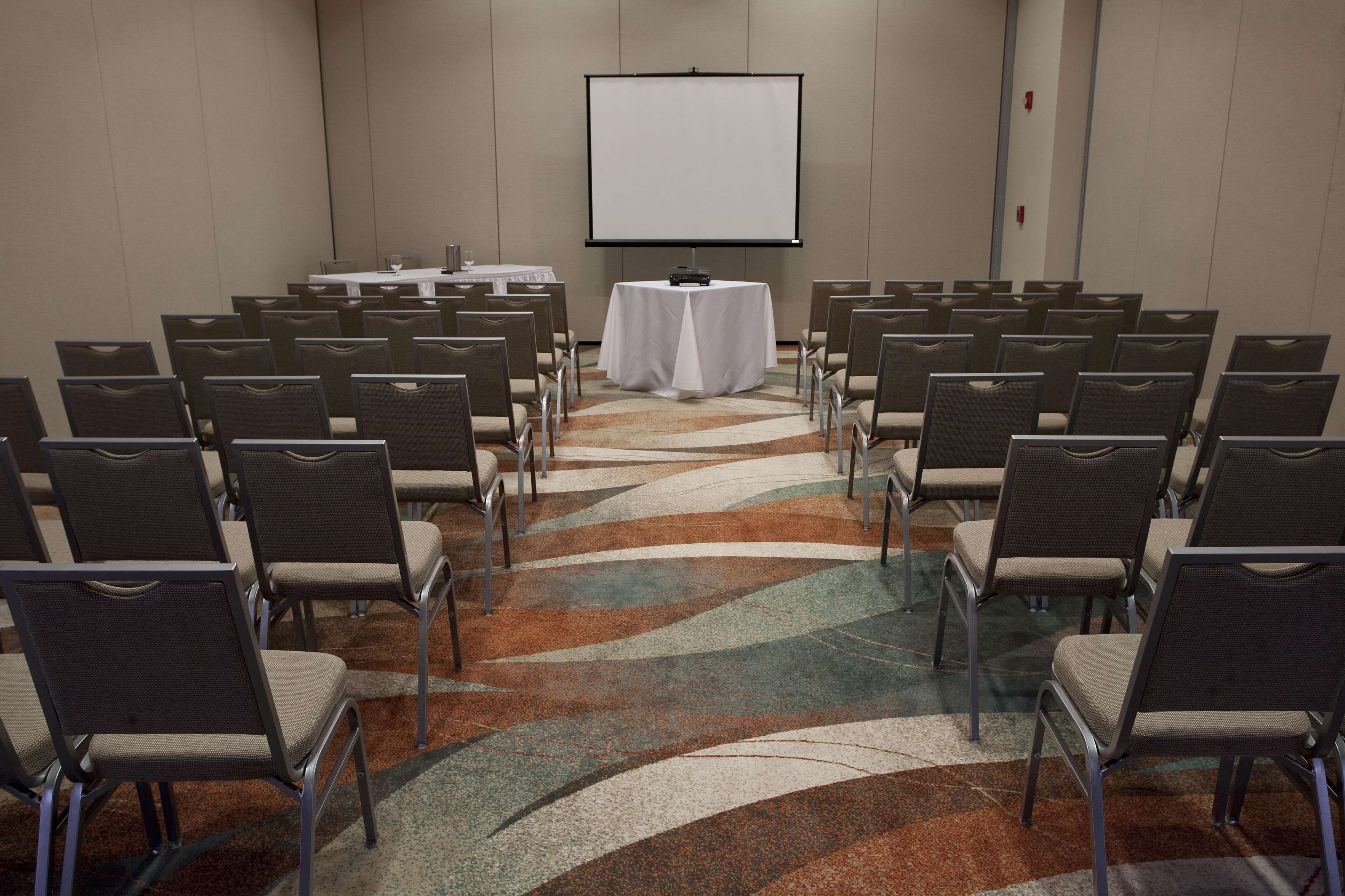 A conference room with rows of chairs facing a white projection screen, a small table with a projector, and a patterned carpet.