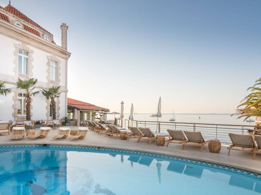 Outdoor pool, pool umbrellas, pool loungers