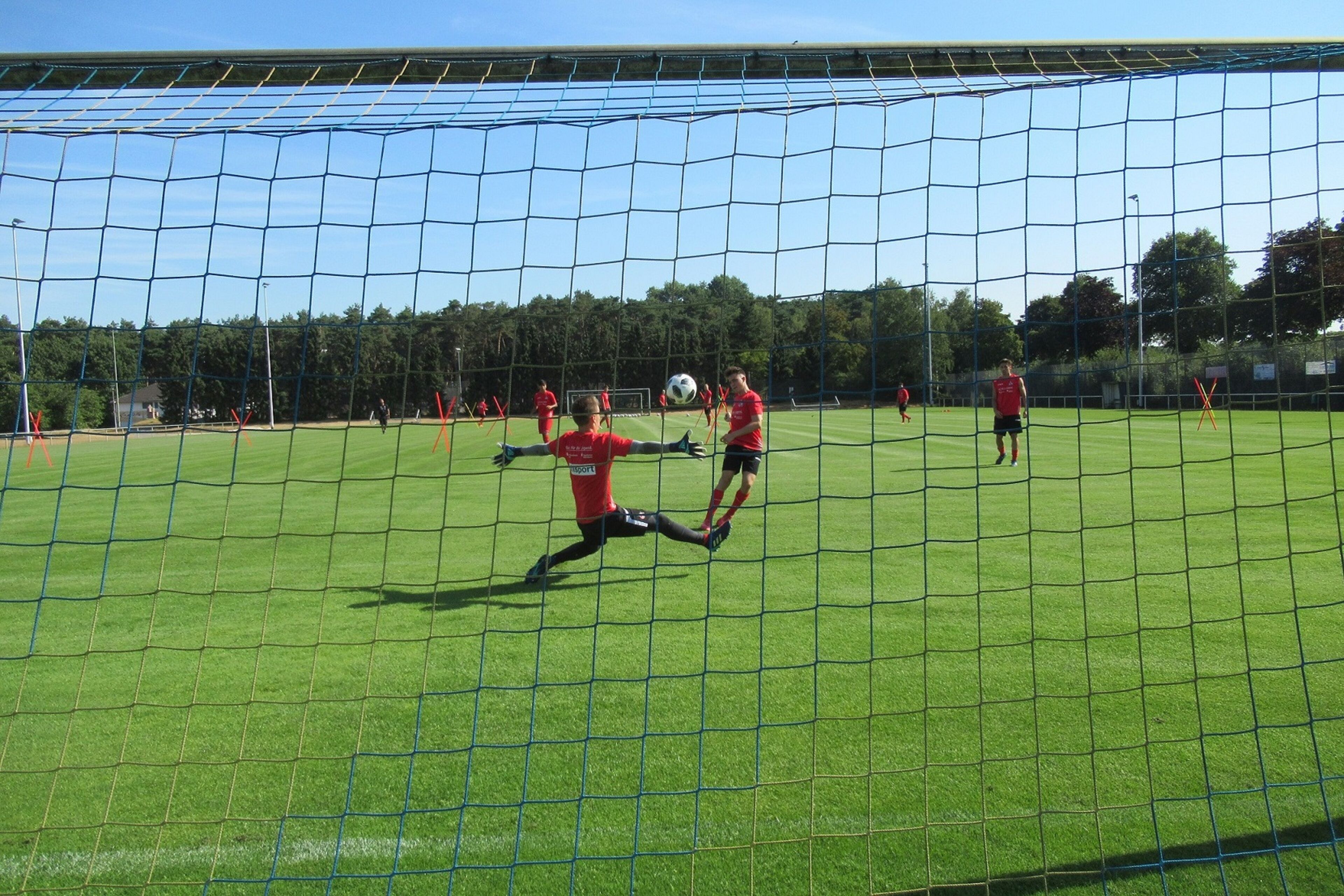 A soccer training session on a grassy field with a goal net.