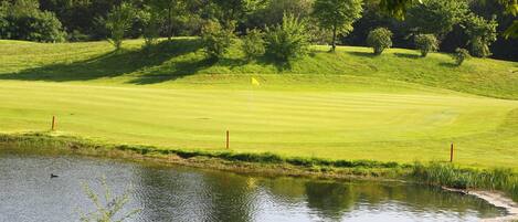 A golf course with a pond, trees, and a flag on the green.