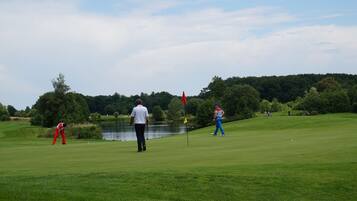 Un campo de golf con un estanque, árboles y una bandera.