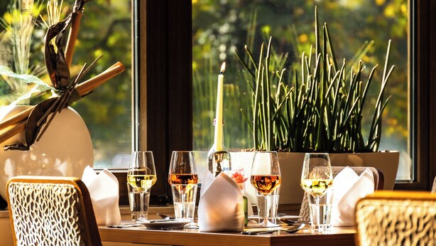 A dining table set with wine glasses, a candle, and a potted plant. - Sport - und Tagungshotel De Poort (Goch)