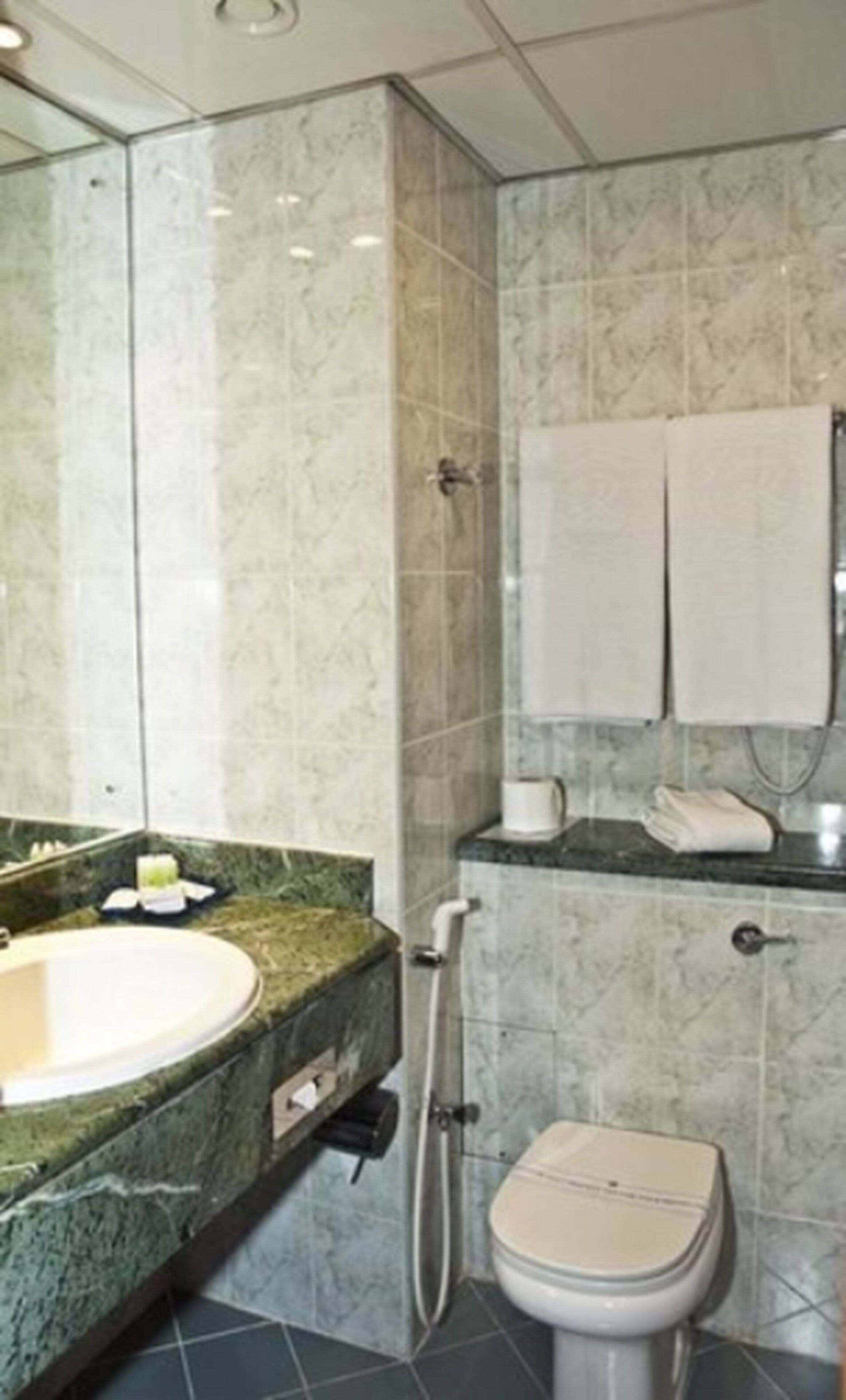 Un baño con lavamanos, inodoro y toallero de mármol.