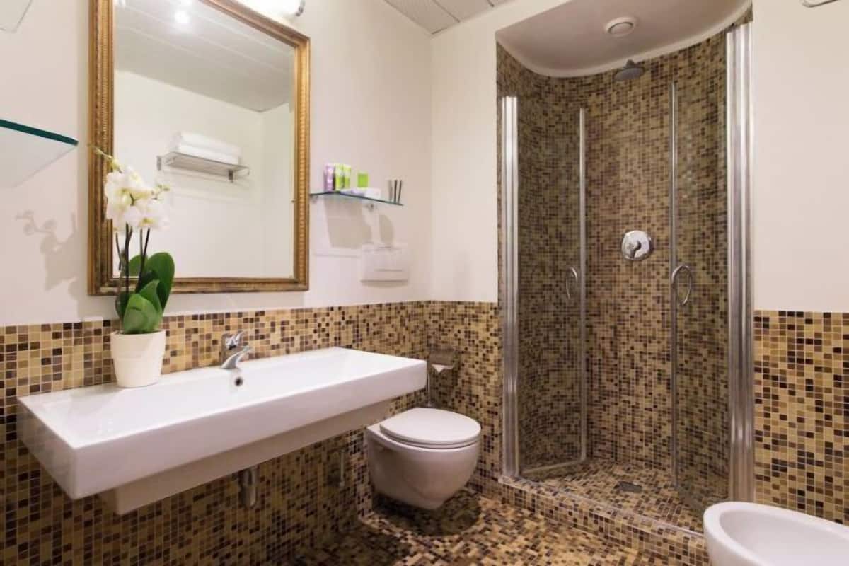 Shower, free toiletries, hair dryer, bidet