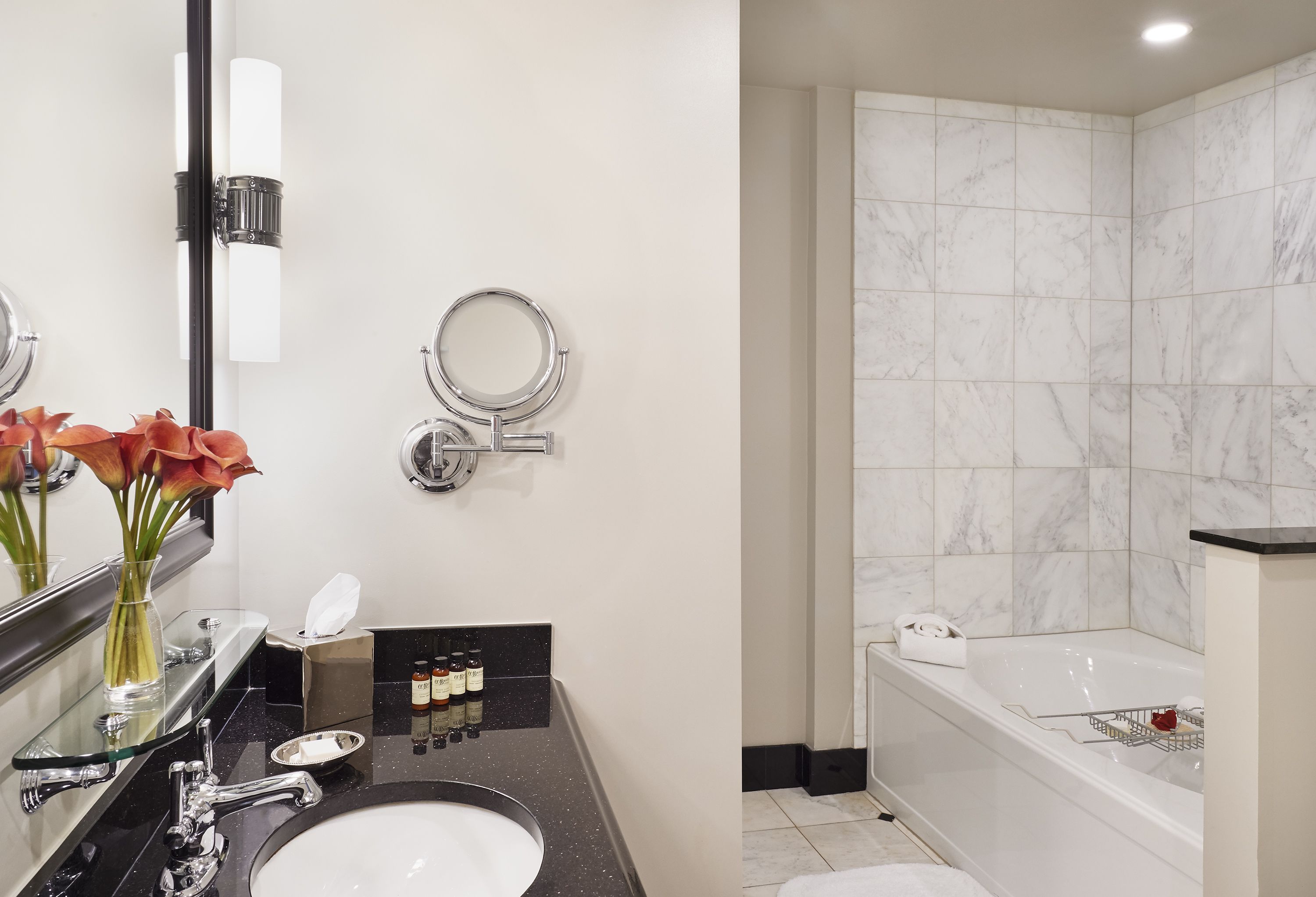 shower, designer toiletries, hair dryer, bathrobes