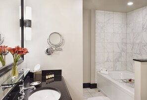 Shower, designer toiletries, hair dryer, bathrobes