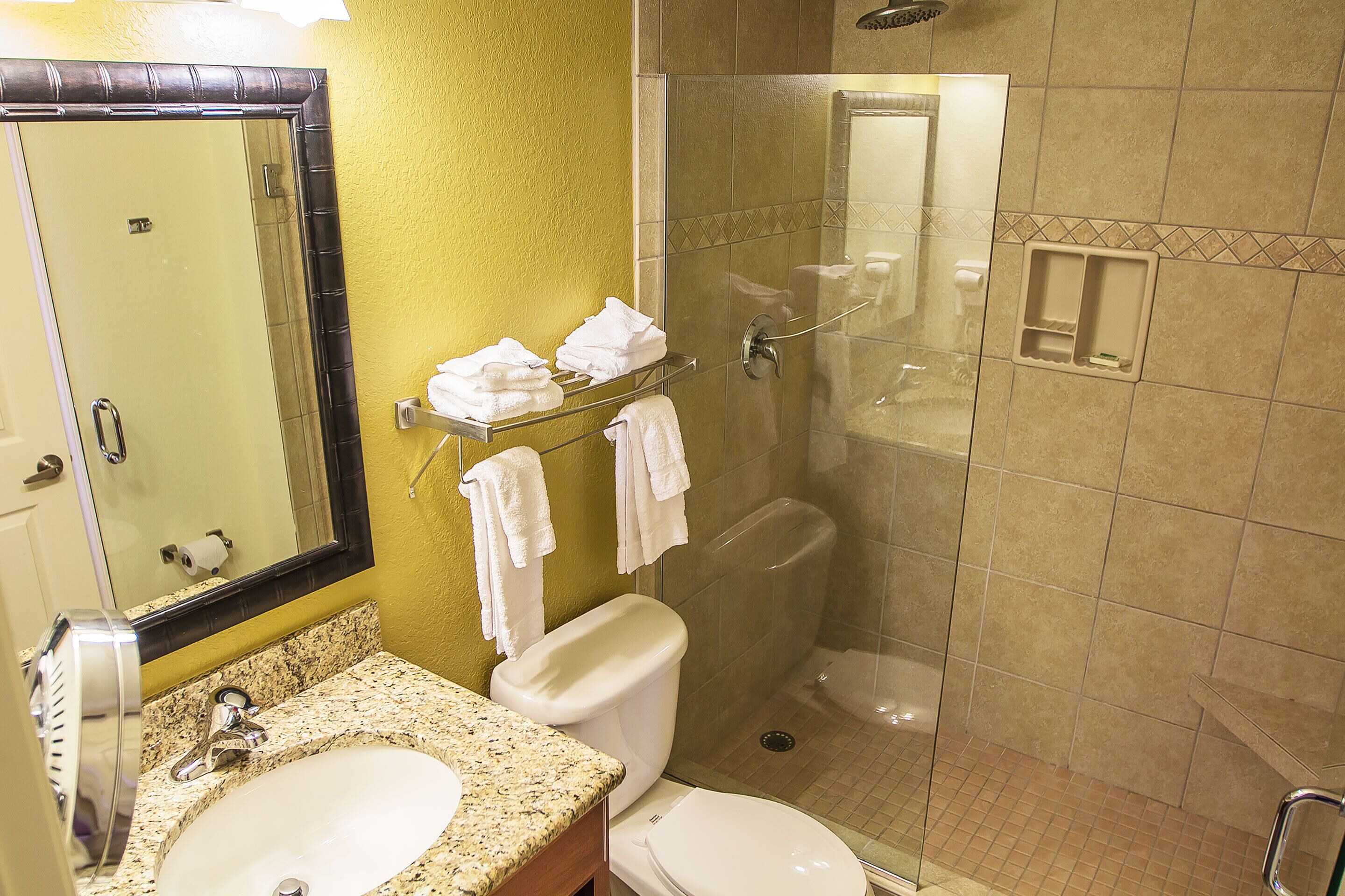 A bathroom with a granite countertop, a sink, a toilet, a glass-enclosed shower, and a mirror with a black frame.