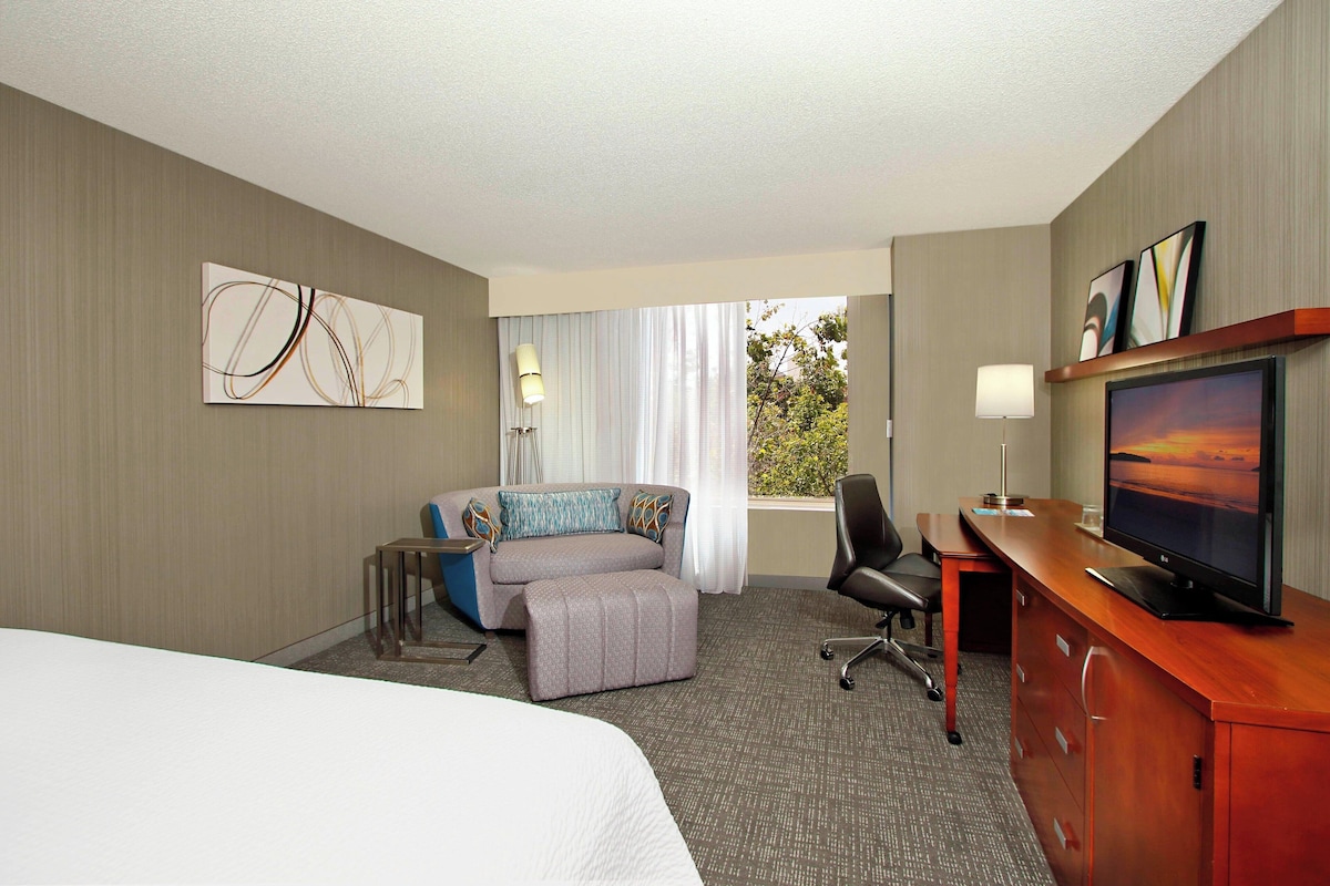 Une chambre d’hôtel avec un lit, un canapé, un bureau avec une télévision et une fenêtre avec des rideaux.