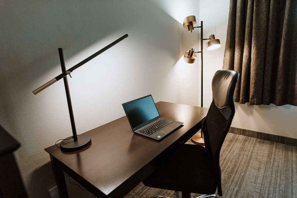 Desk, blackout drapes, soundproofing, iron/ironing board