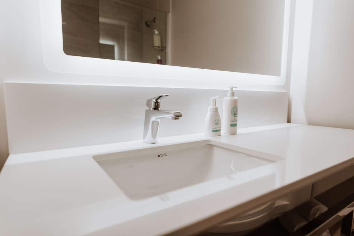 free toiletries, hair dryer, towels