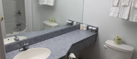 A bathroom with a white sink, a mirror, a toilet, and a shower.