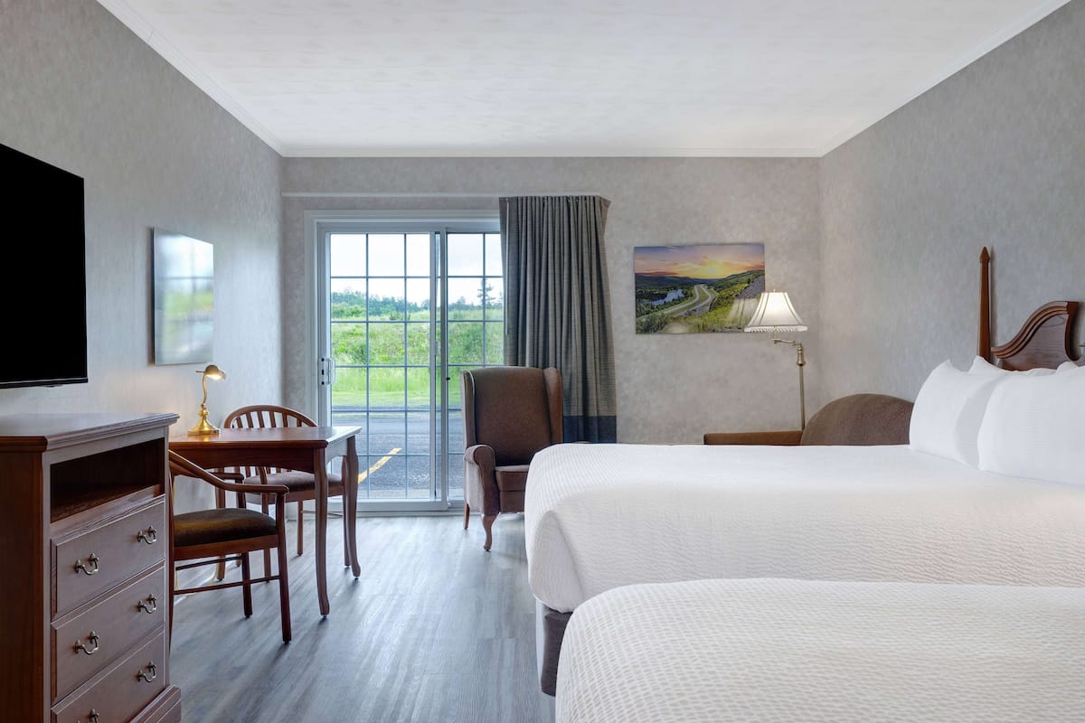Habitación de hotel con una cama grande, un escritorio con lámpara, una silla, un televisor y una ventana con vista a follaje.