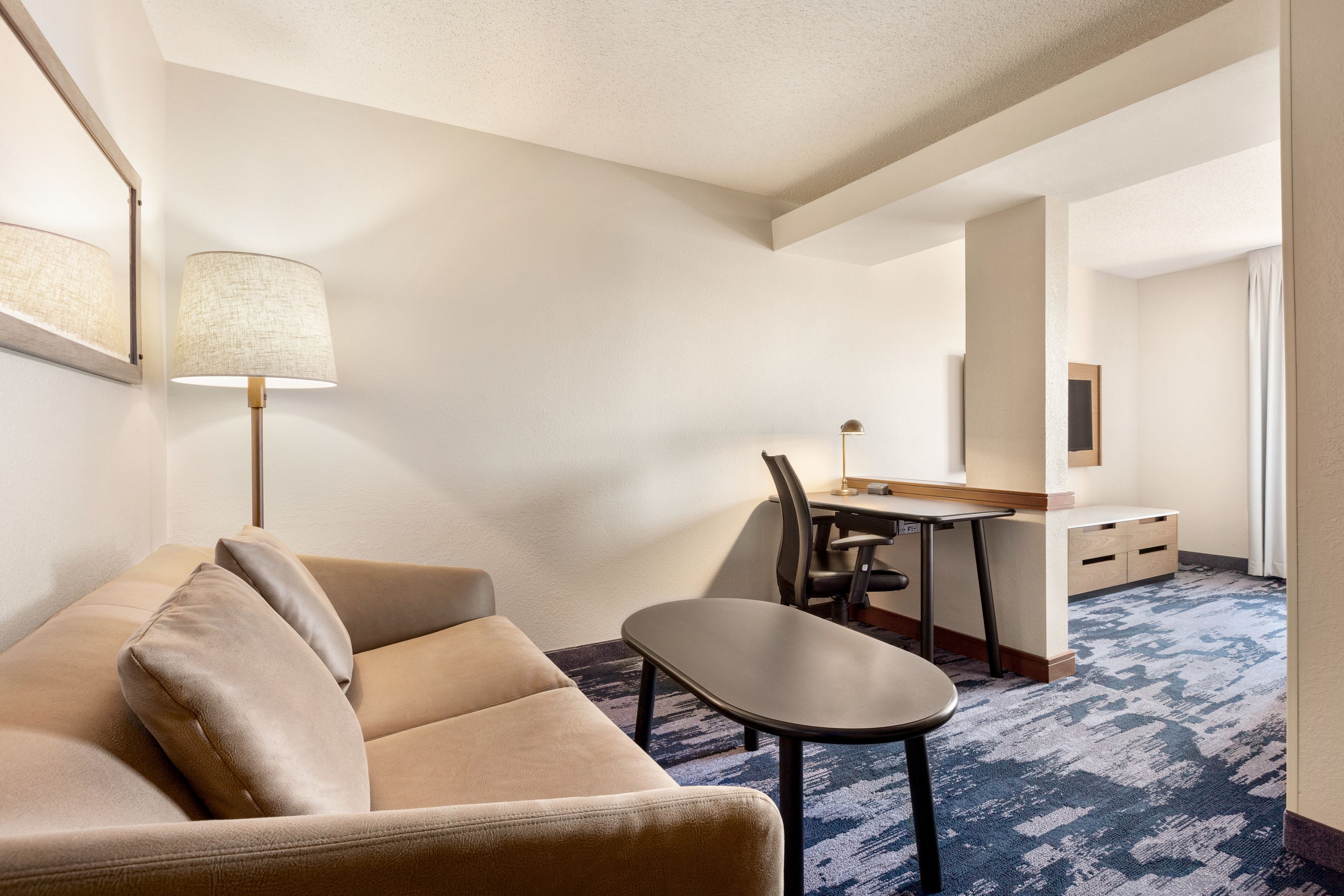 premium bedding, desk, blackout curtains, iron/ironing board